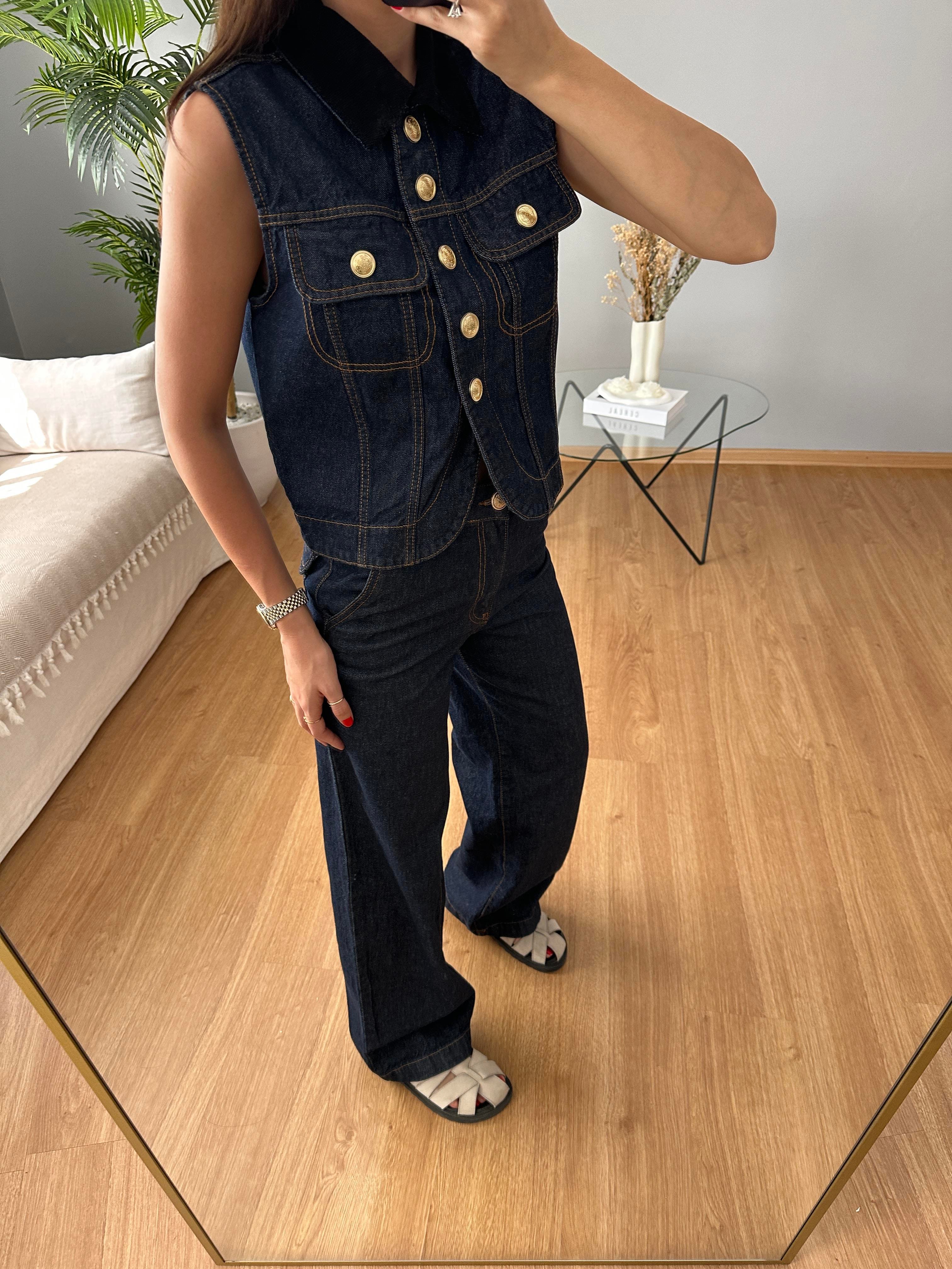 Kadife Yaka Denim Takım