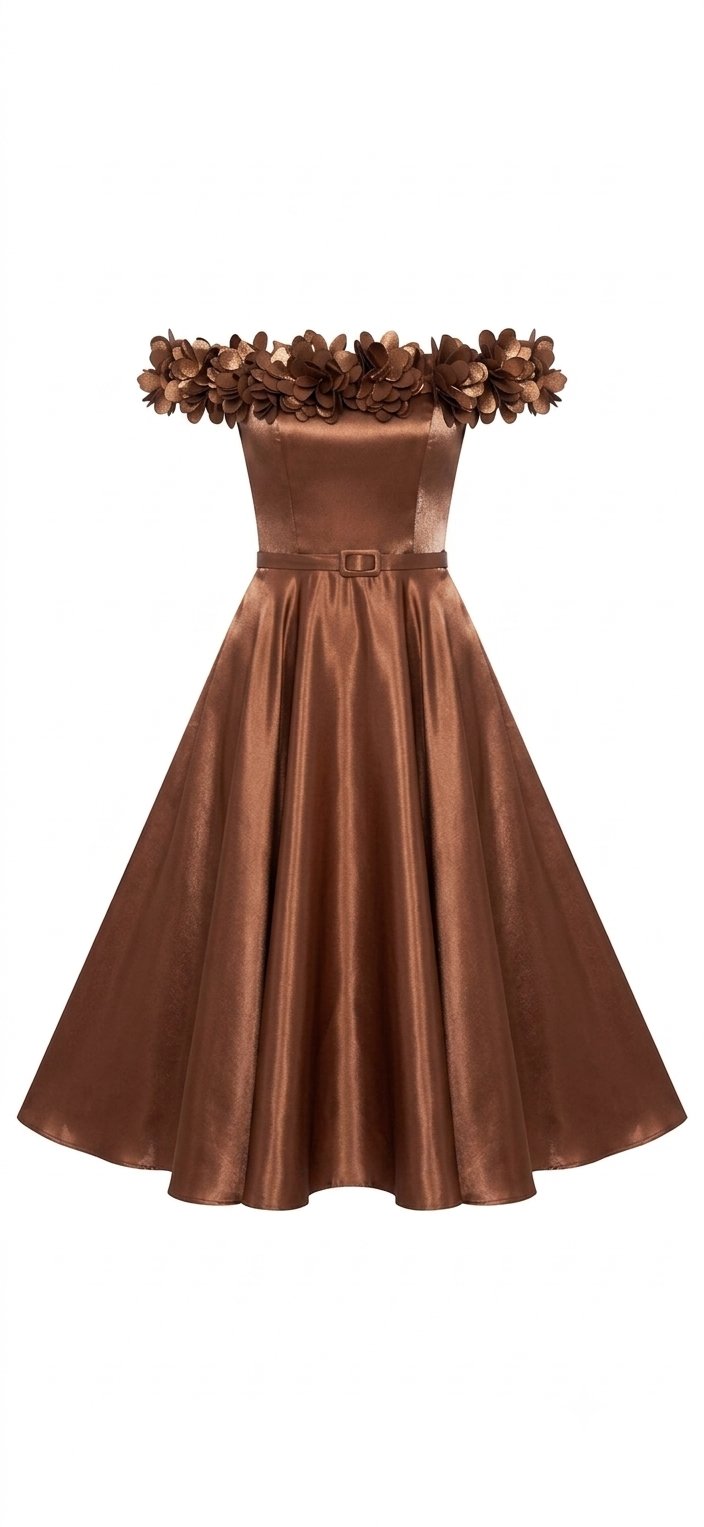 Kahve Rengi Blossom Satin Midi Elbise 