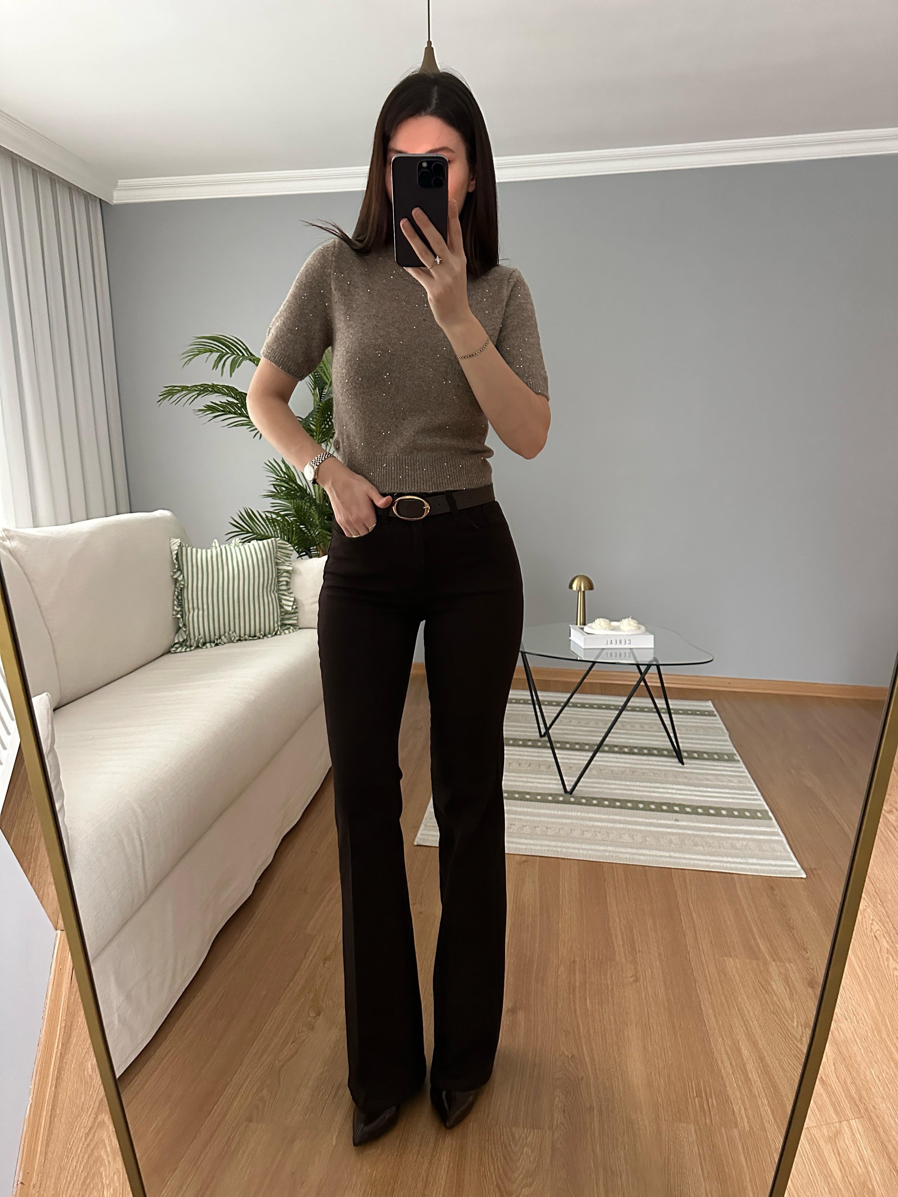 Kahve Rengi Straight Flare Kemerli Pantolon