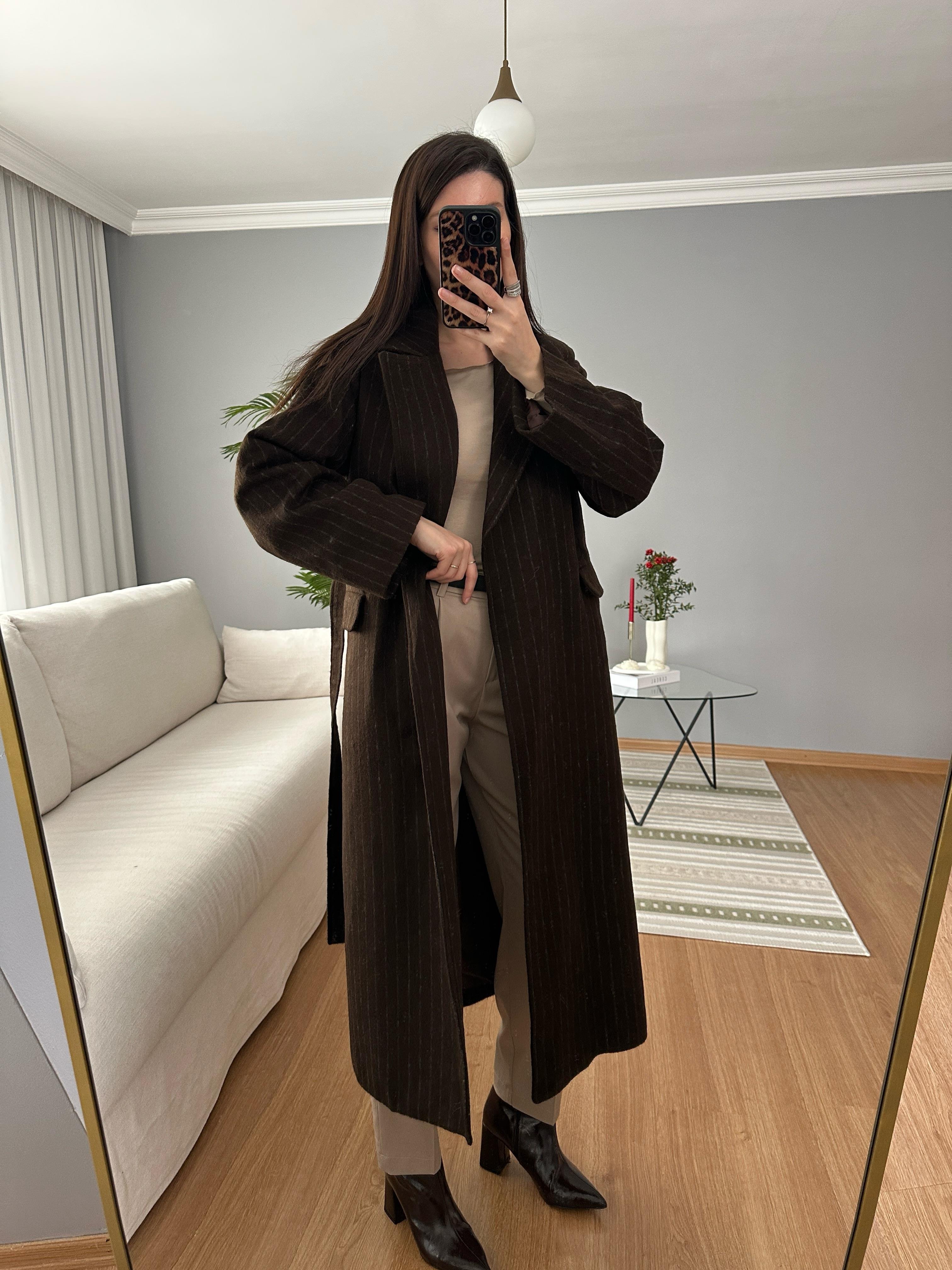 Kahve Renk Çizgili Meleni Kaban