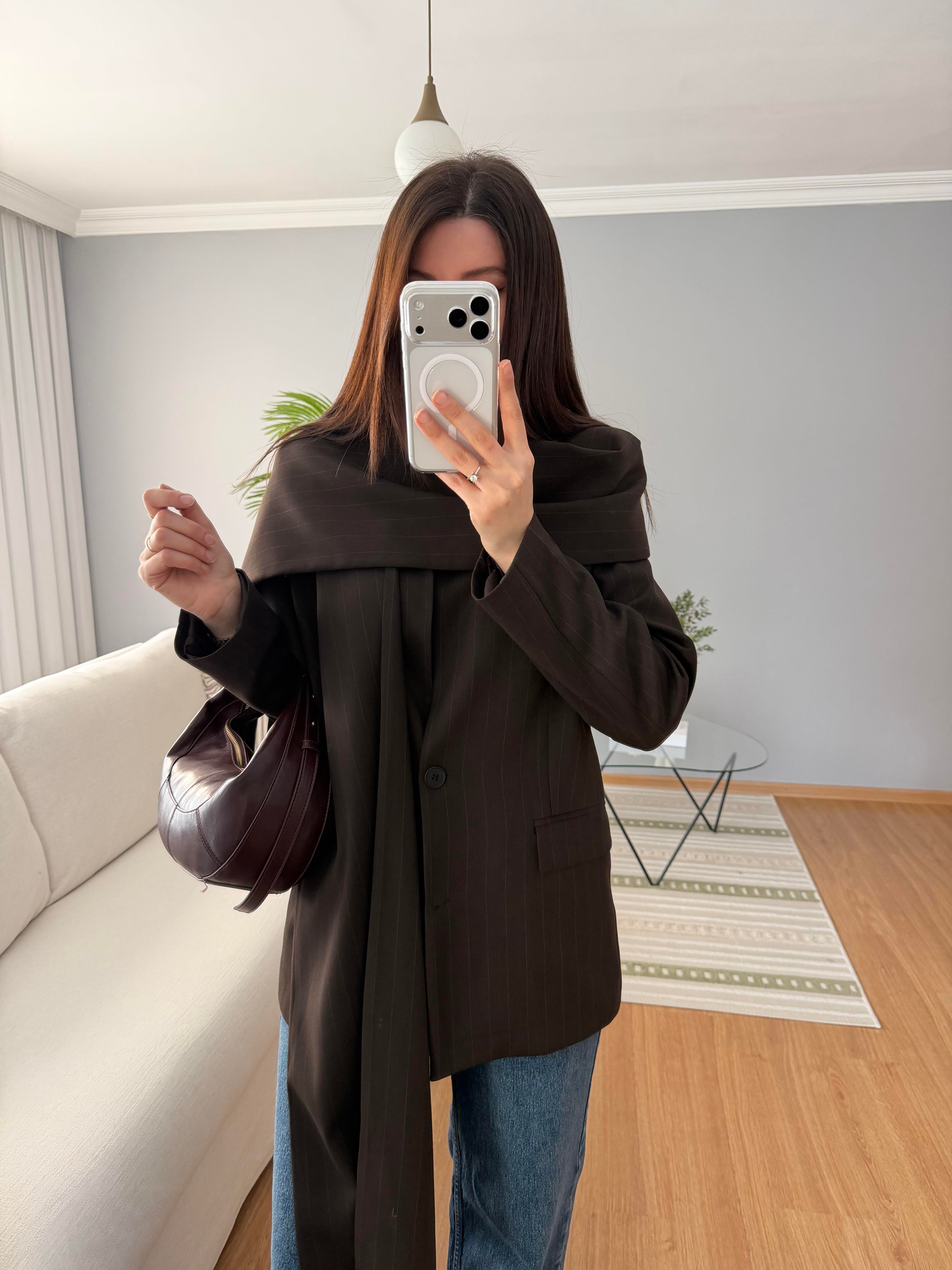 Kahve Renk Şal Yaka Blazer Ceket 