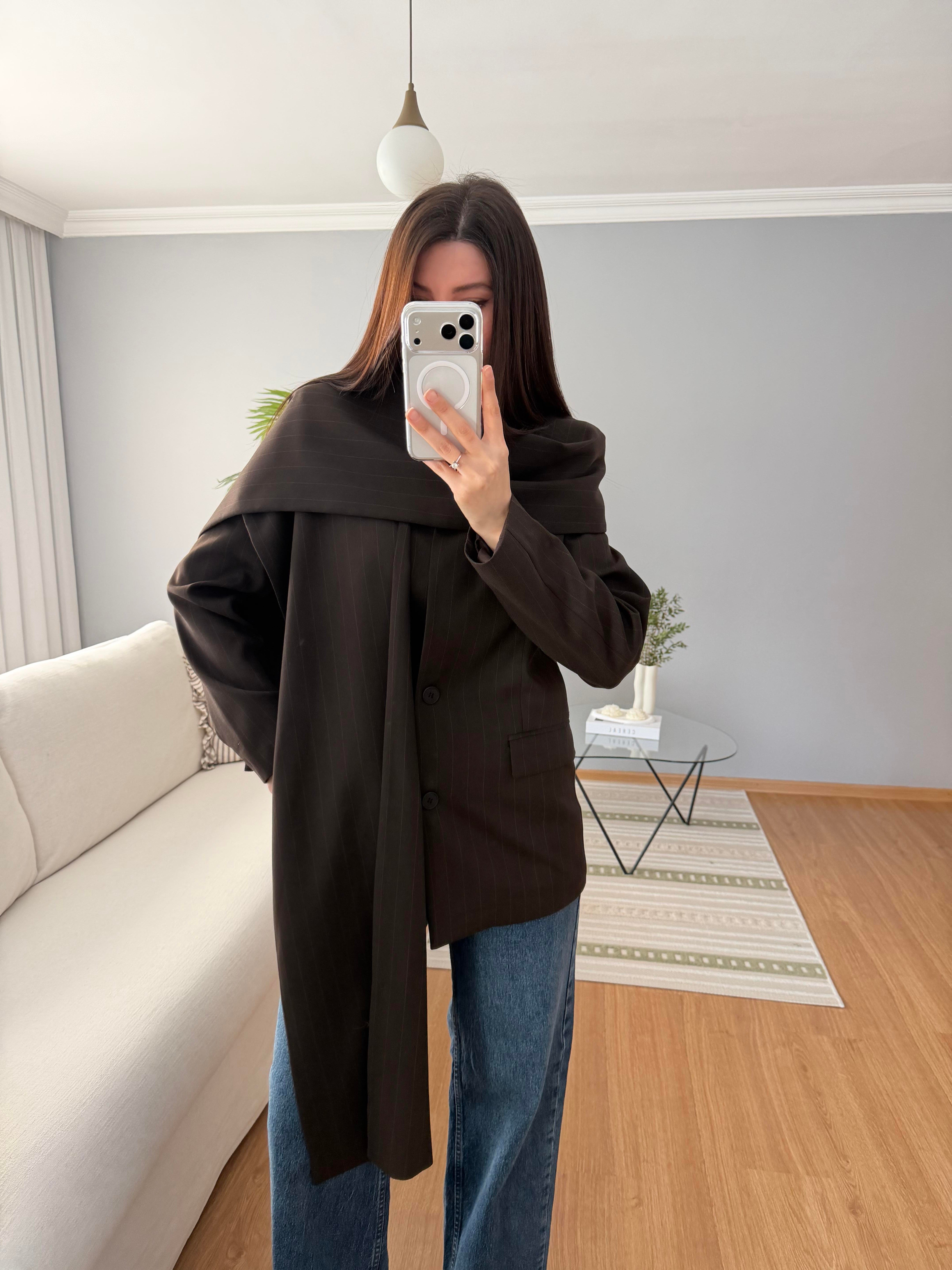 Kahve Renk Şal Yaka Blazer Ceket 