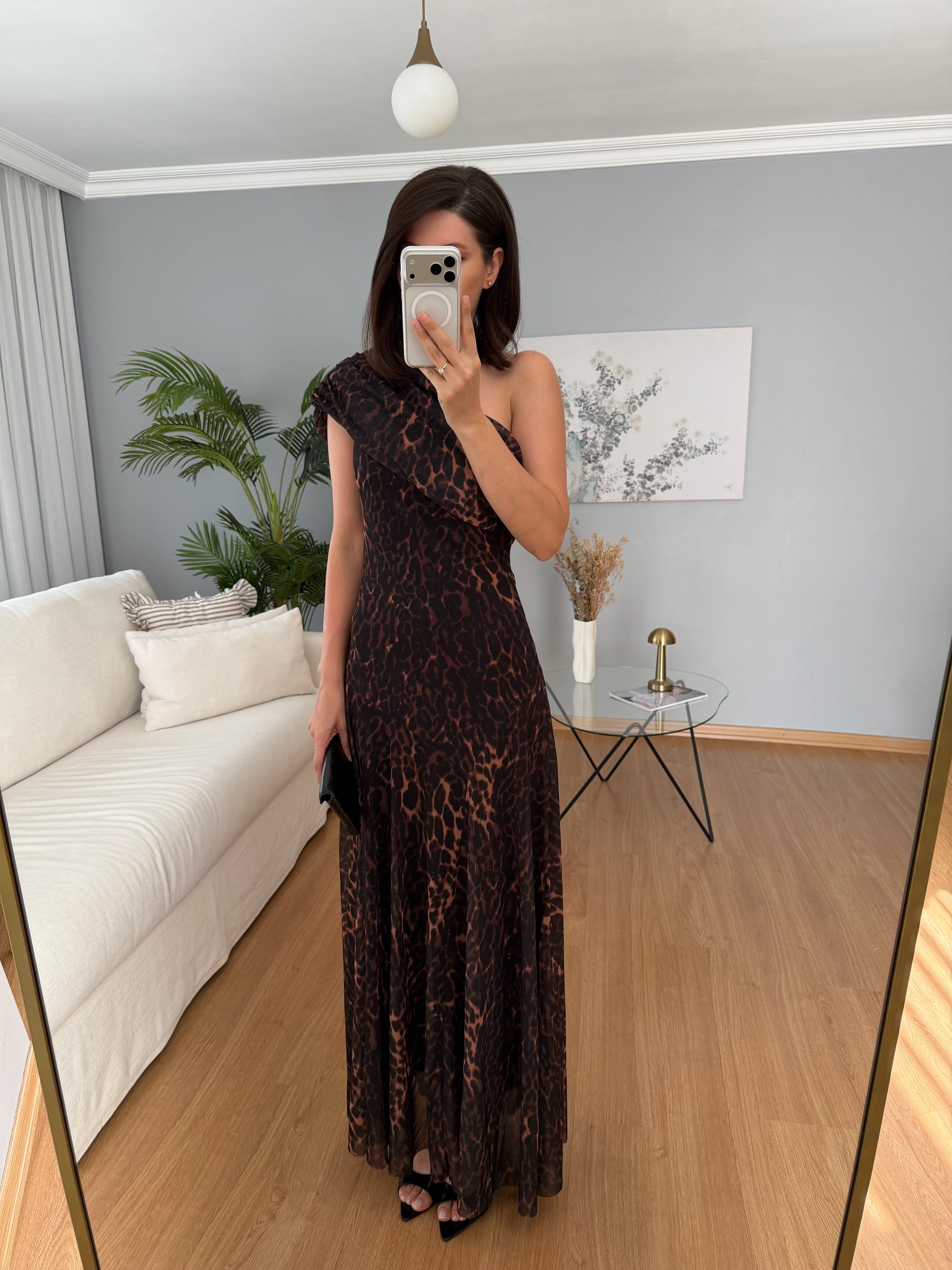Kayık Yaka Leopar Desenli Elbise