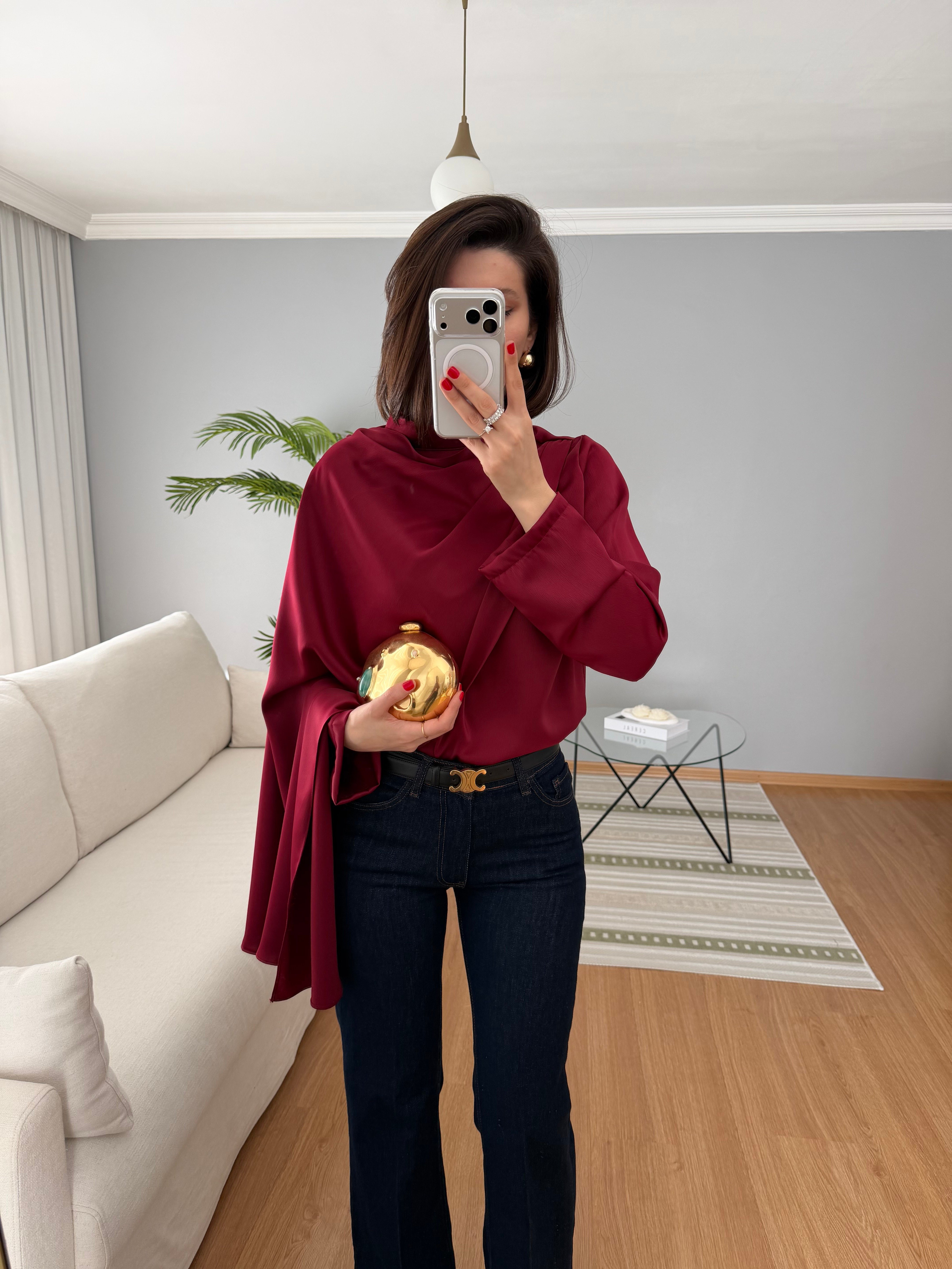 Kendinden Şallı Bordo Saten Bluz