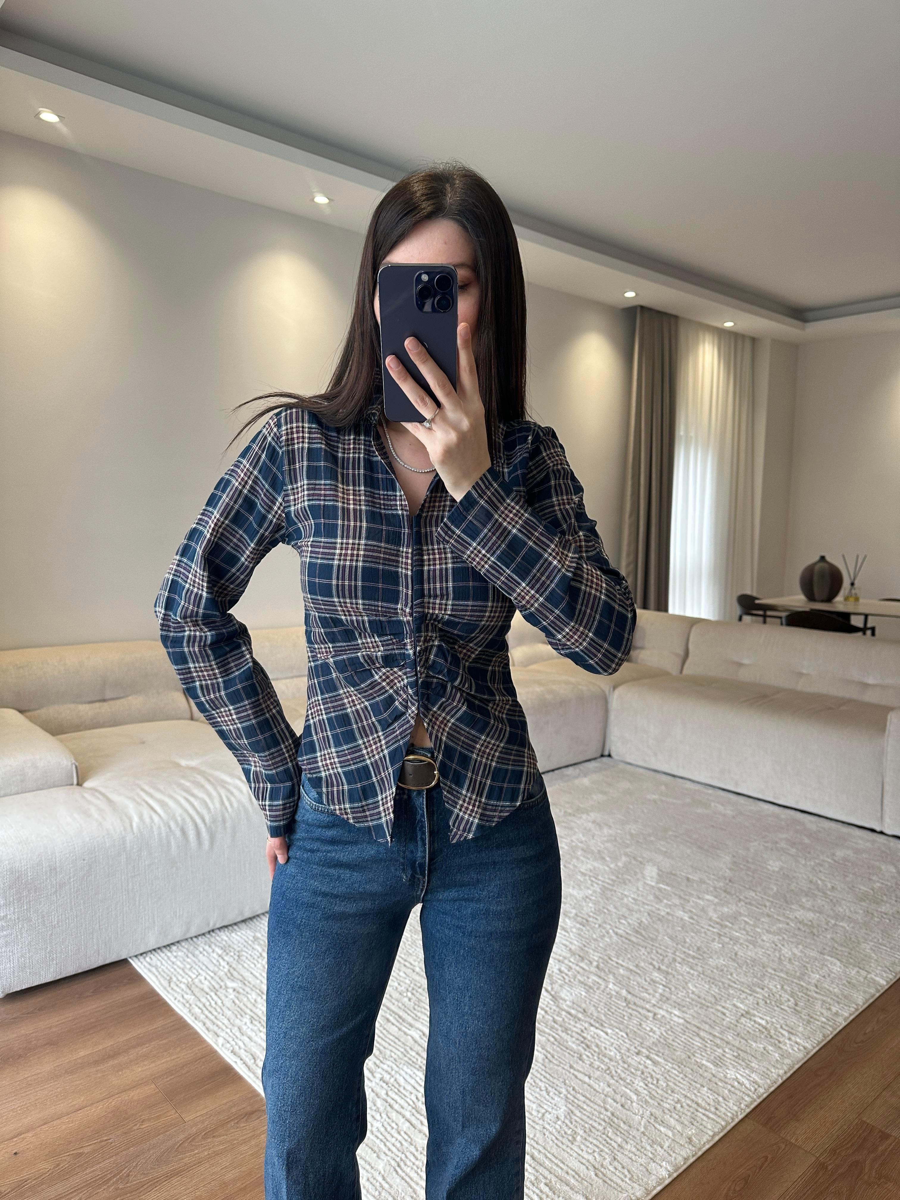 Korse Kancalı Lacivert Ekose Gömlek