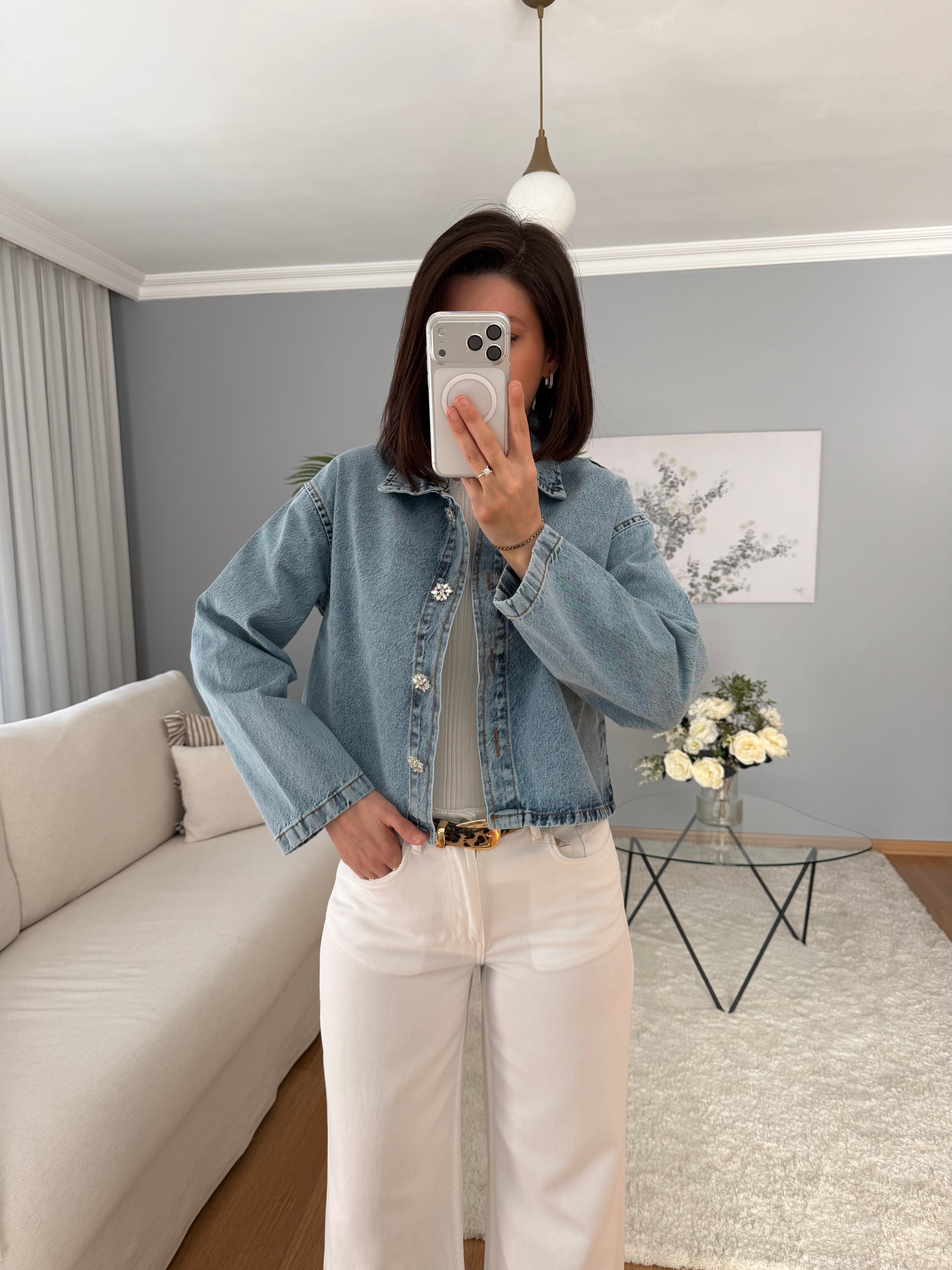 Kristal Düğmeli Denim Ceket