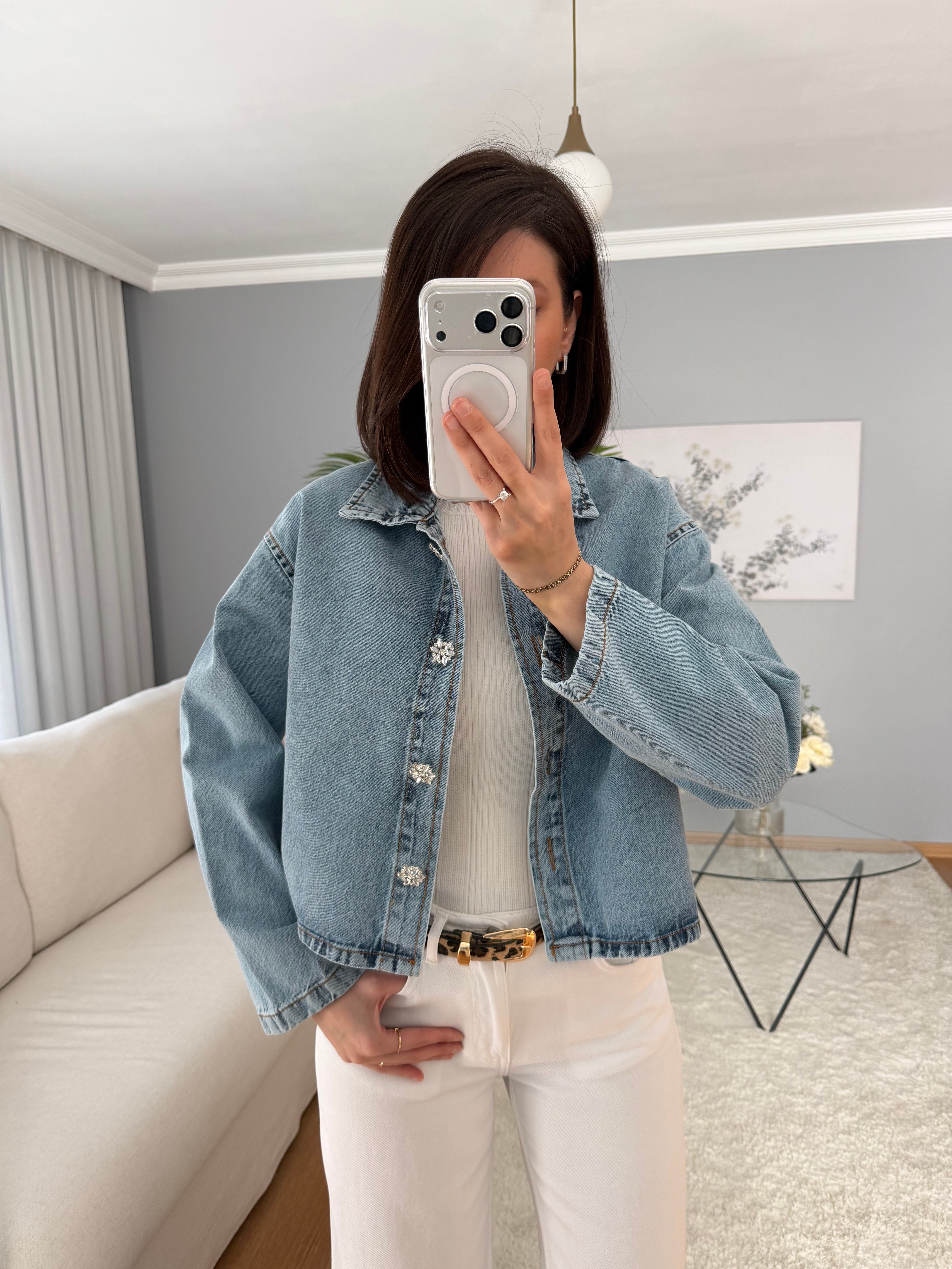 Kristal Düğmeli Denim Ceket