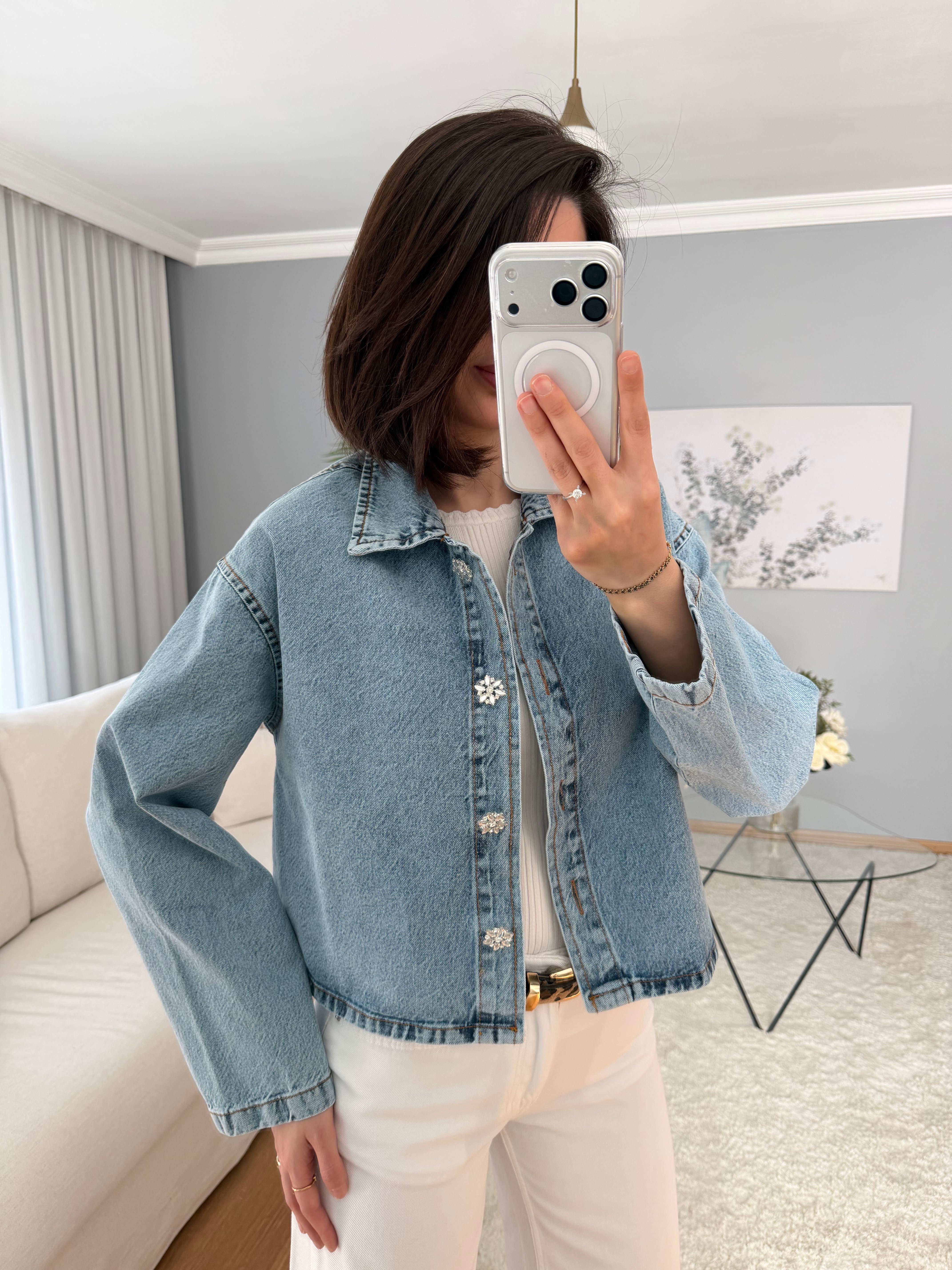 Kristal Düğmeli Denim Ceket