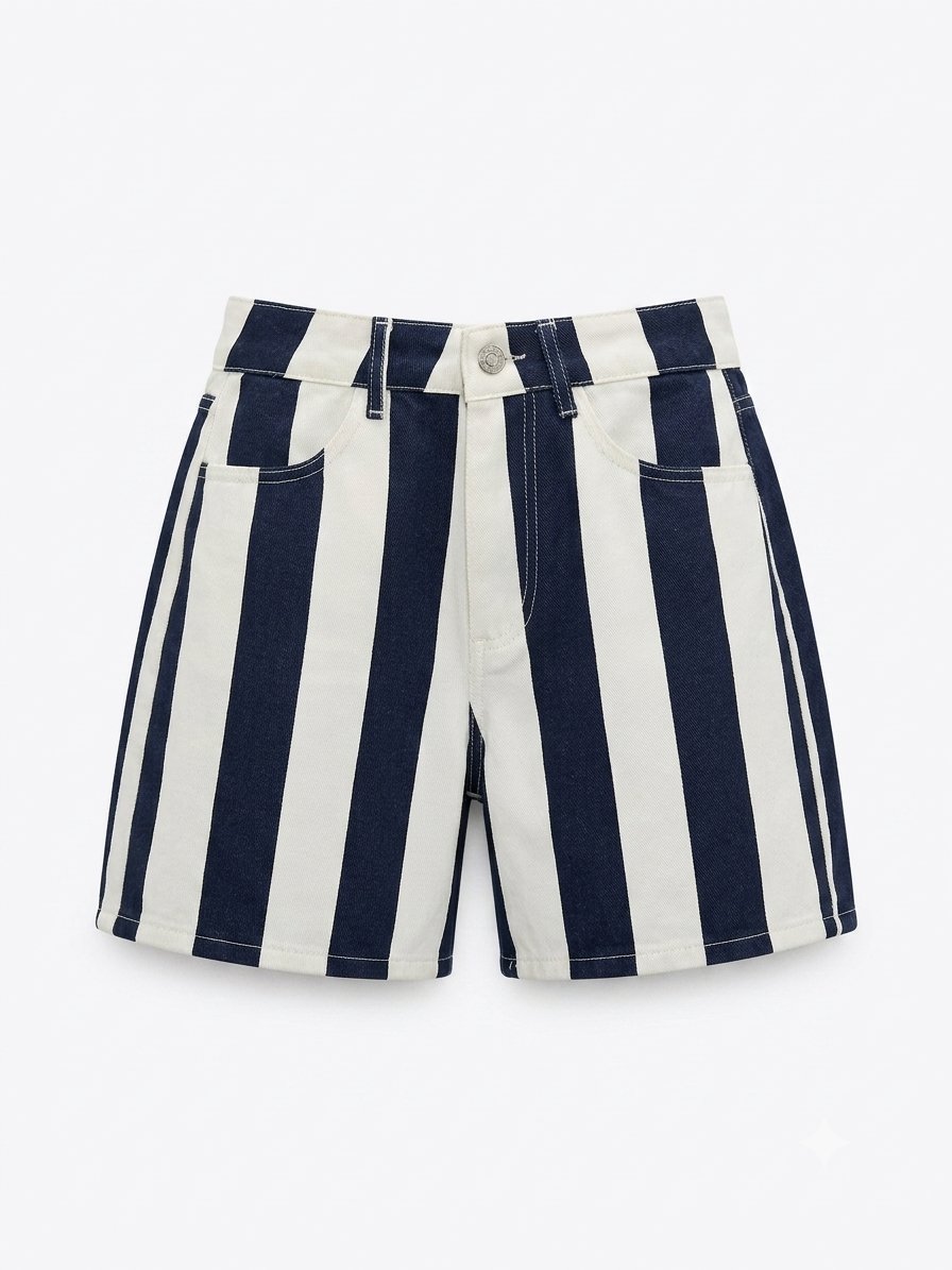 Lacivert Çizgili Denim Şort