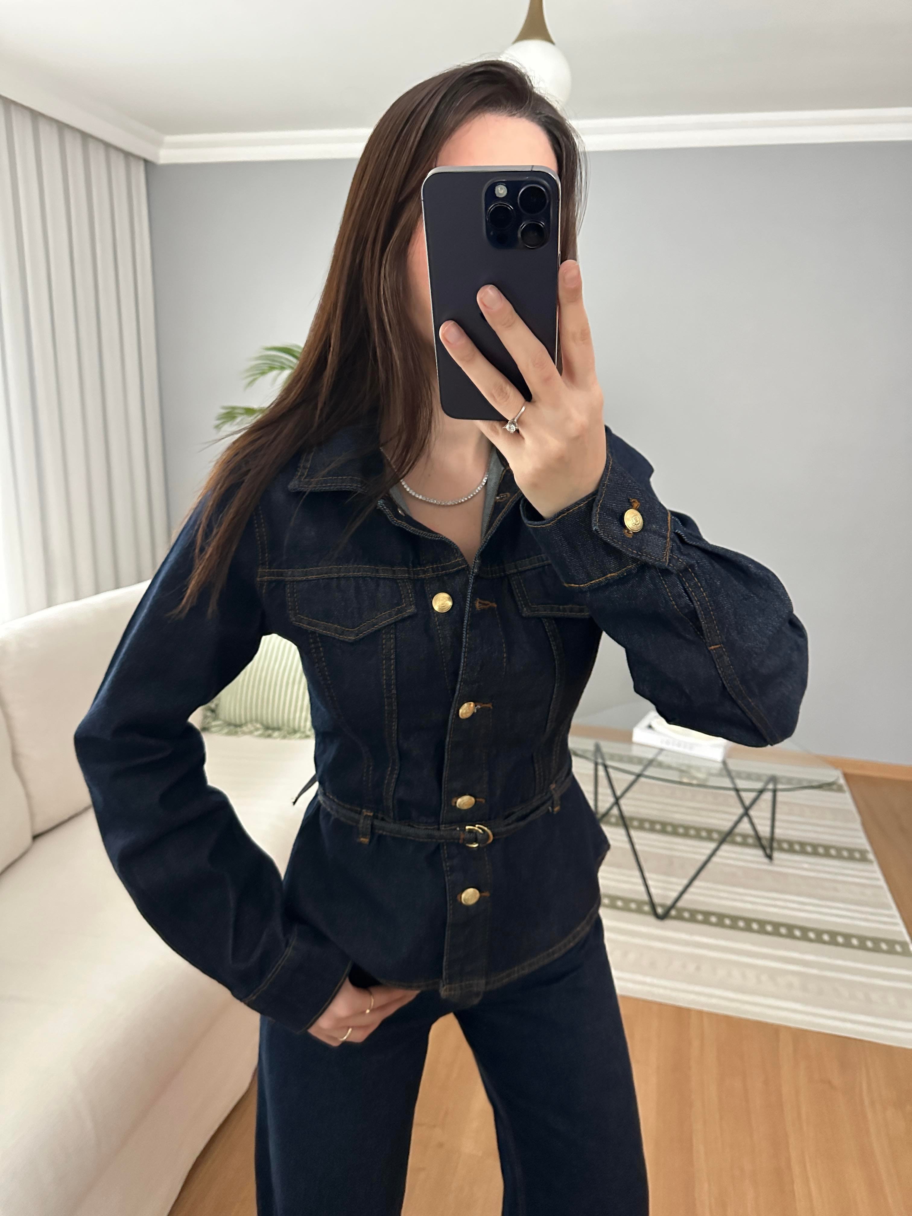 Lavienne Belden Oturan Kemerli Denim Ceket 