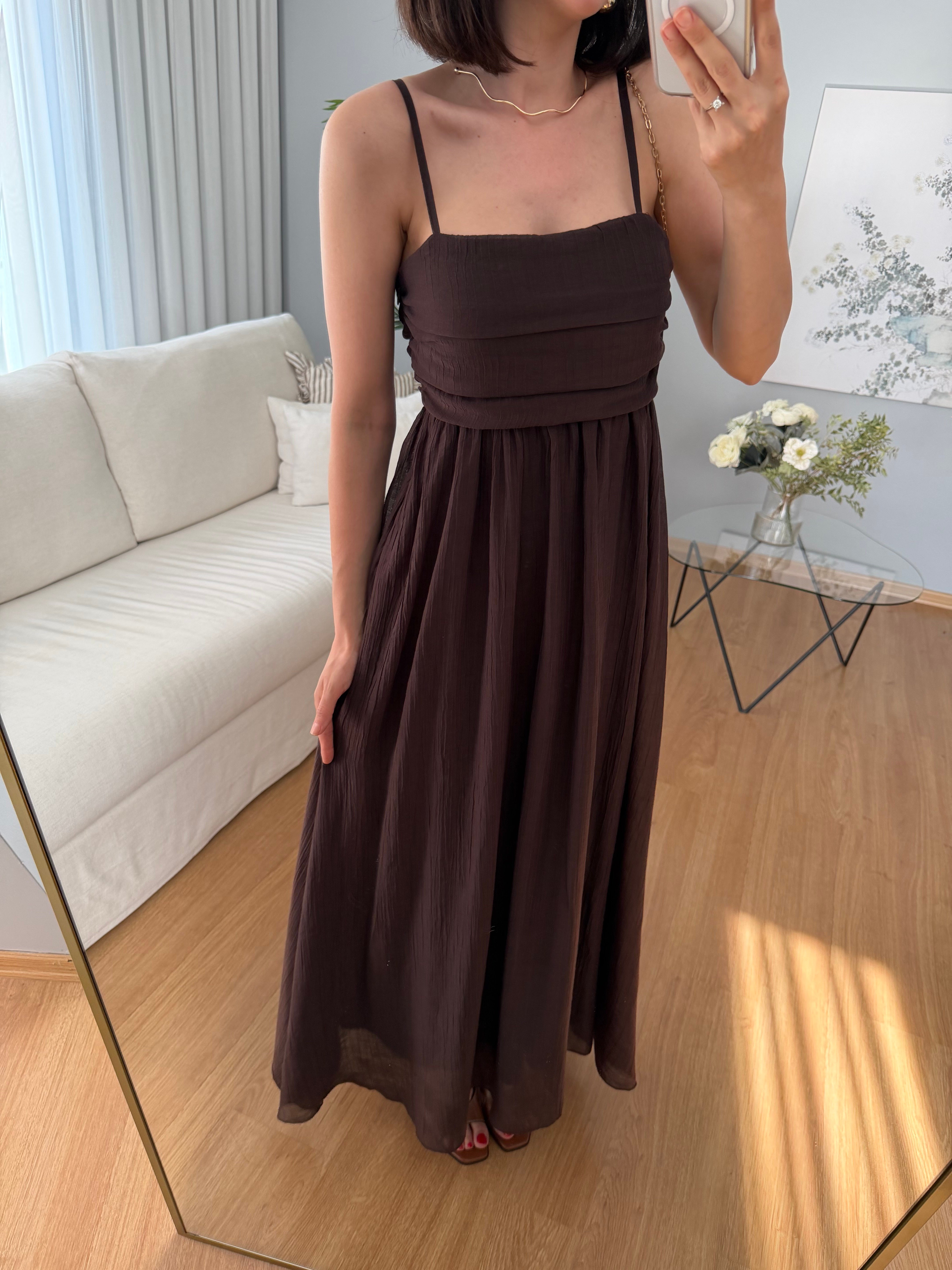 Lea İp Askılı Kahve Rengi Elbise 