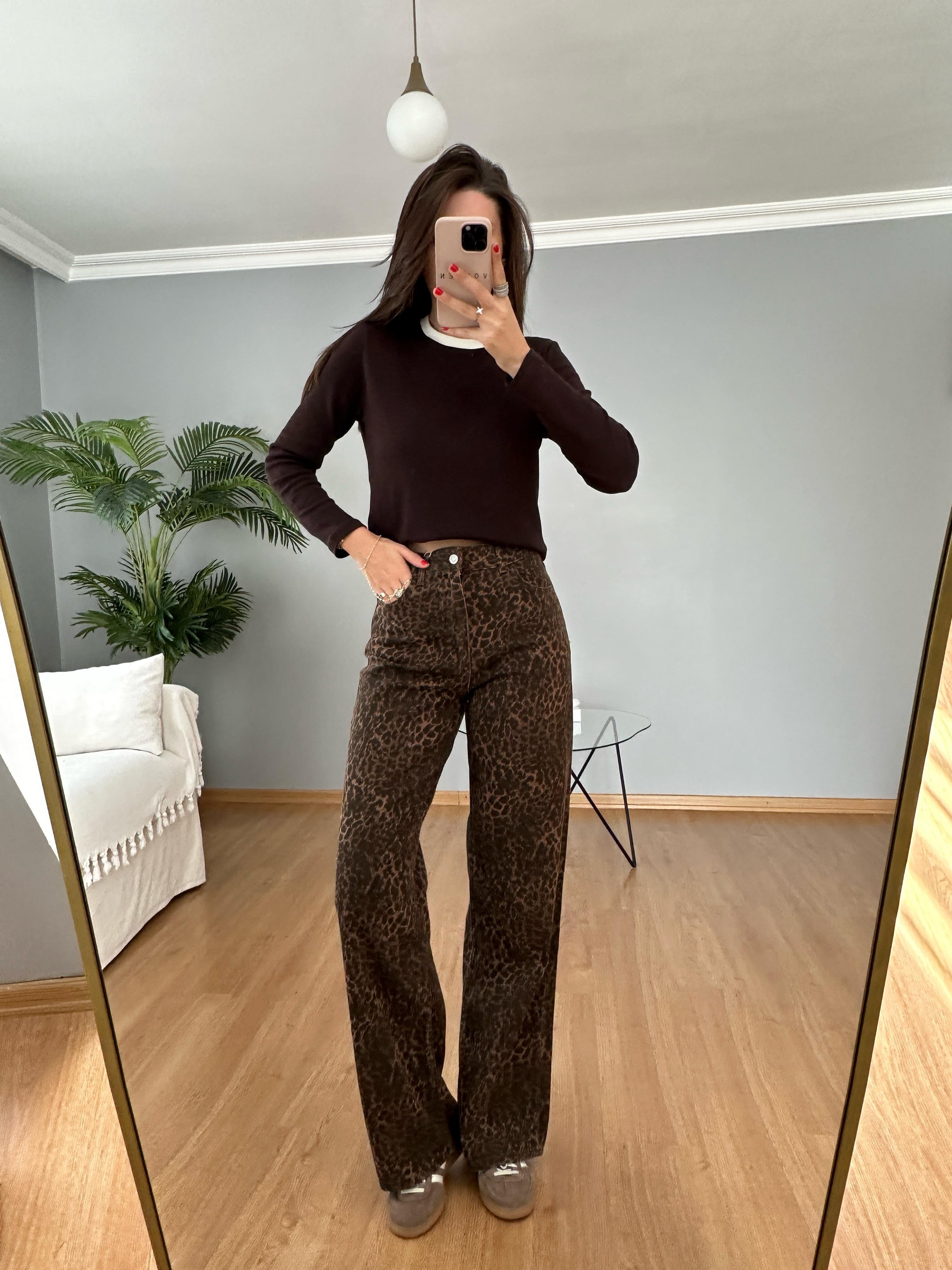 Leopar Düz Kesim Pantolon