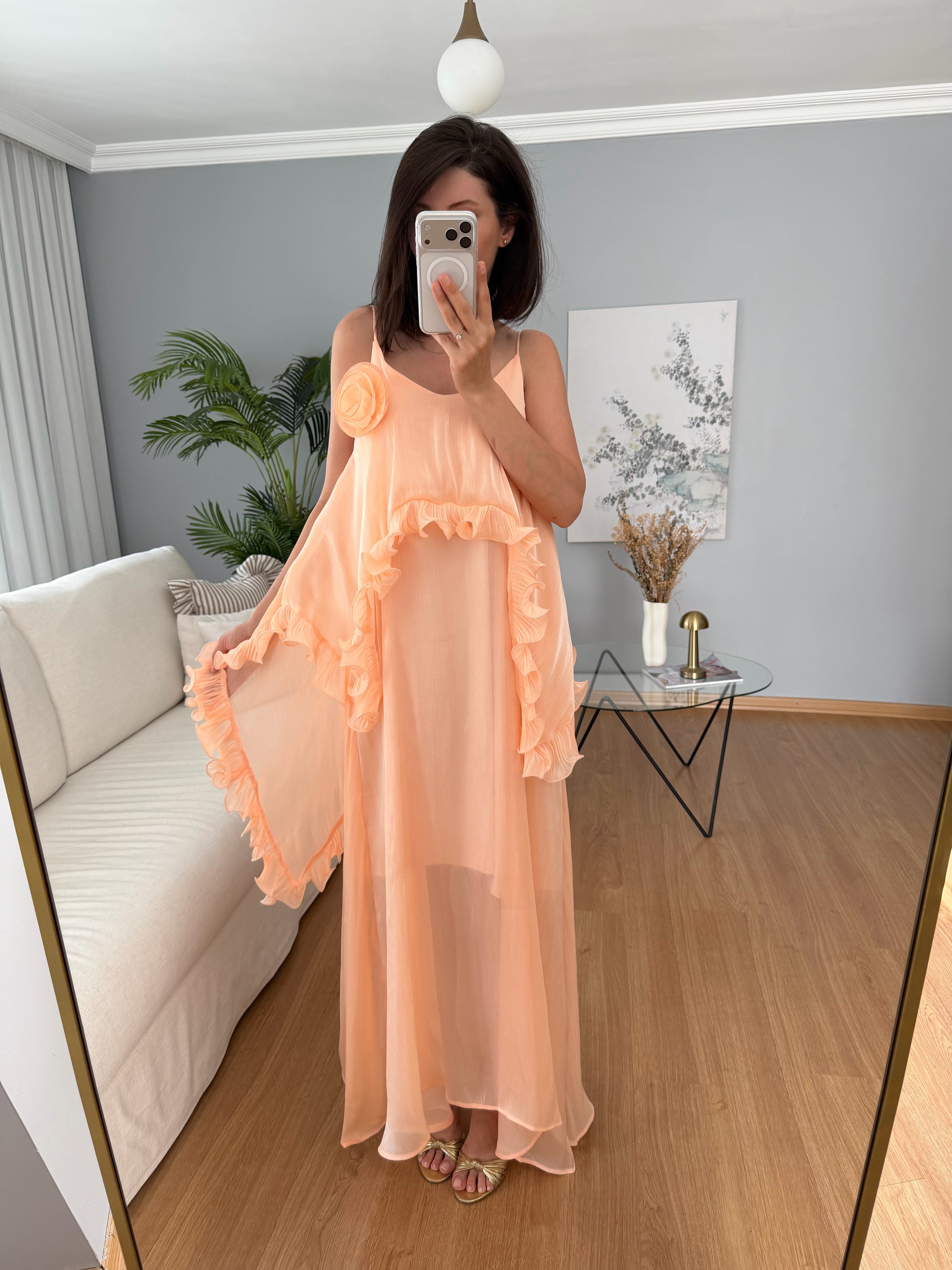 Liva Gül Detaylı Kavuniçi Renk Elbise