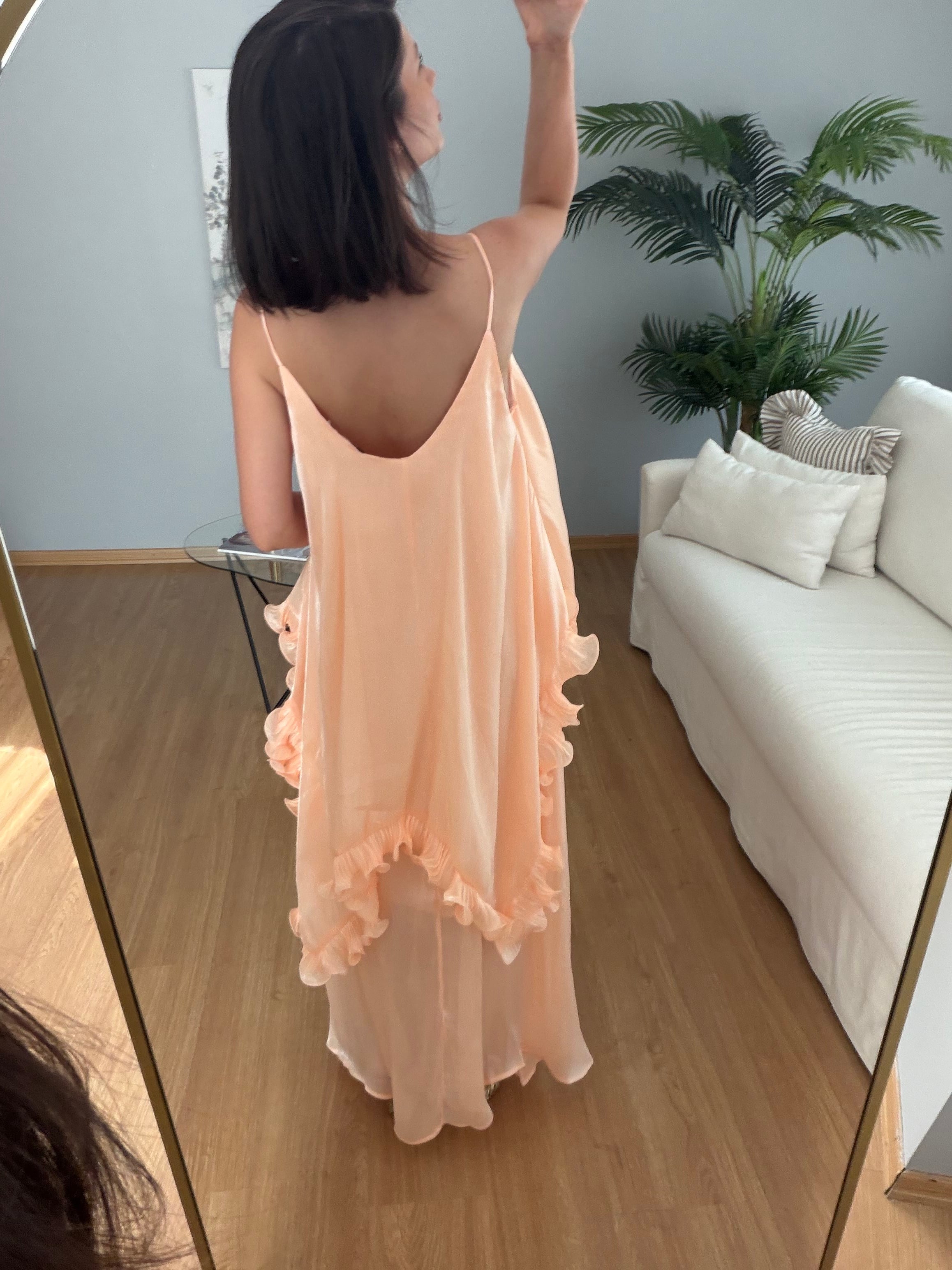 Liva Gül Detaylı Kavuniçi Renk Elbise
