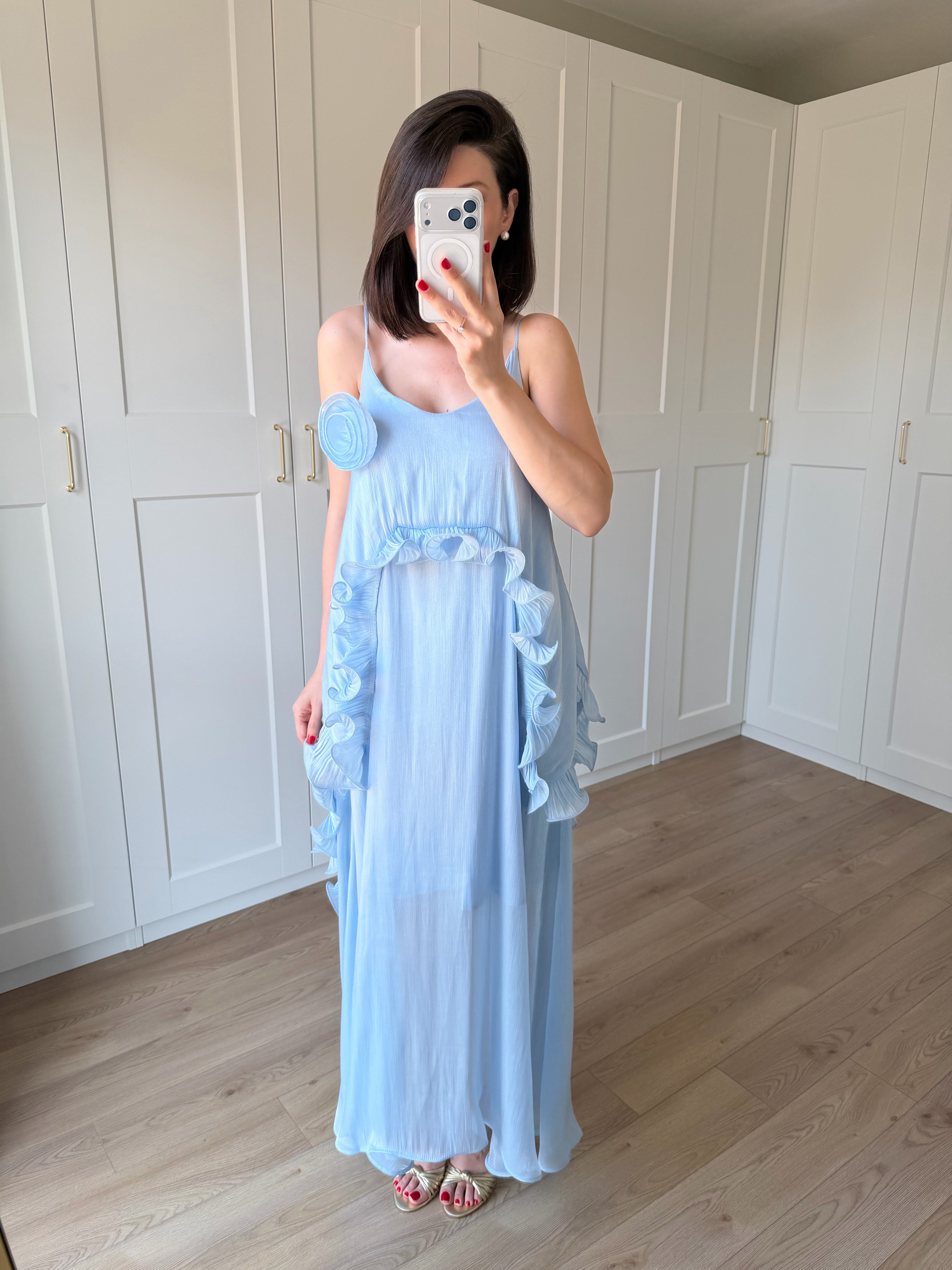 Liva Gül Detaylı Mavi Renk Elbise