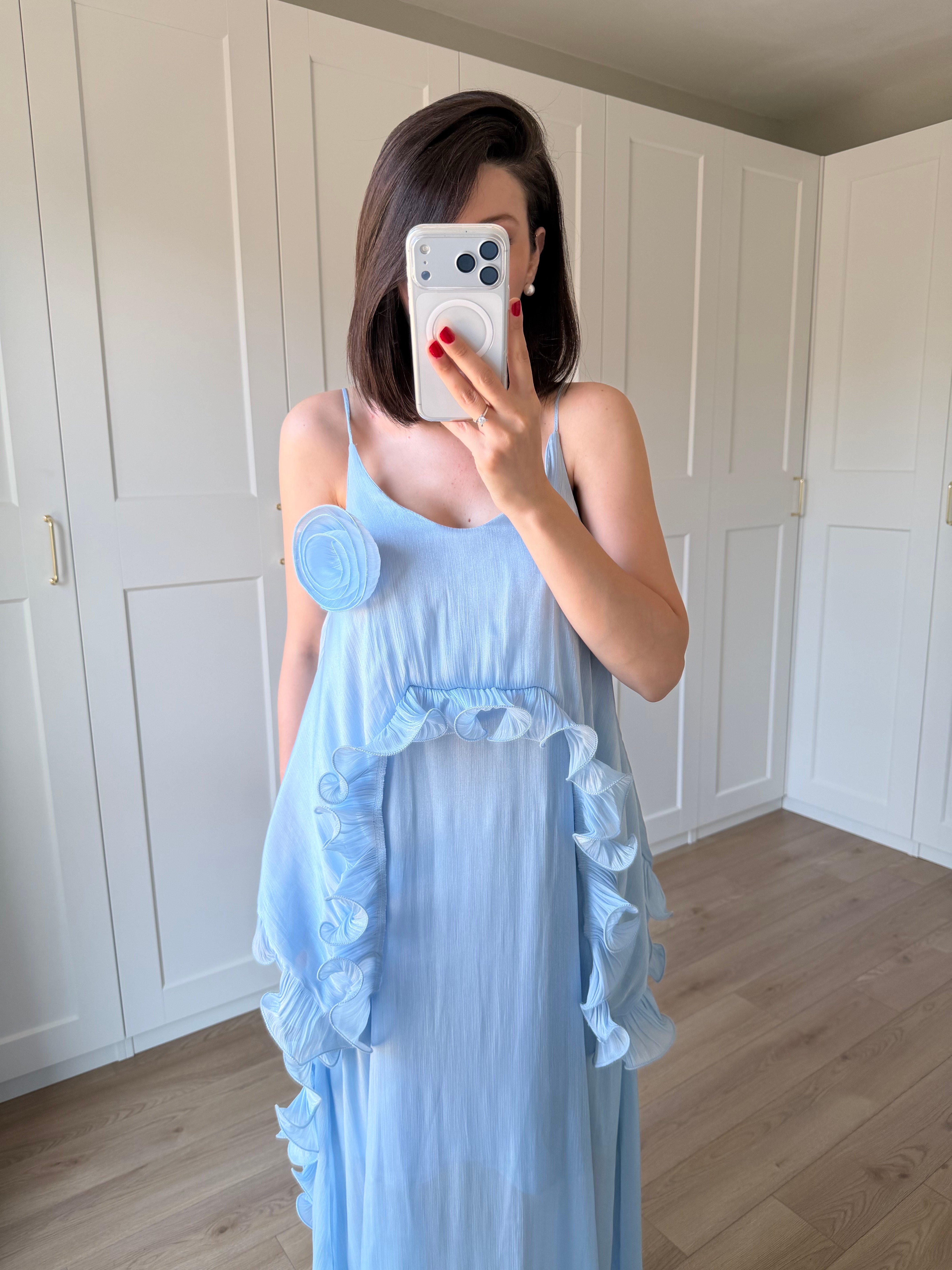 Liva Gül Detaylı Mavi Renk Elbise