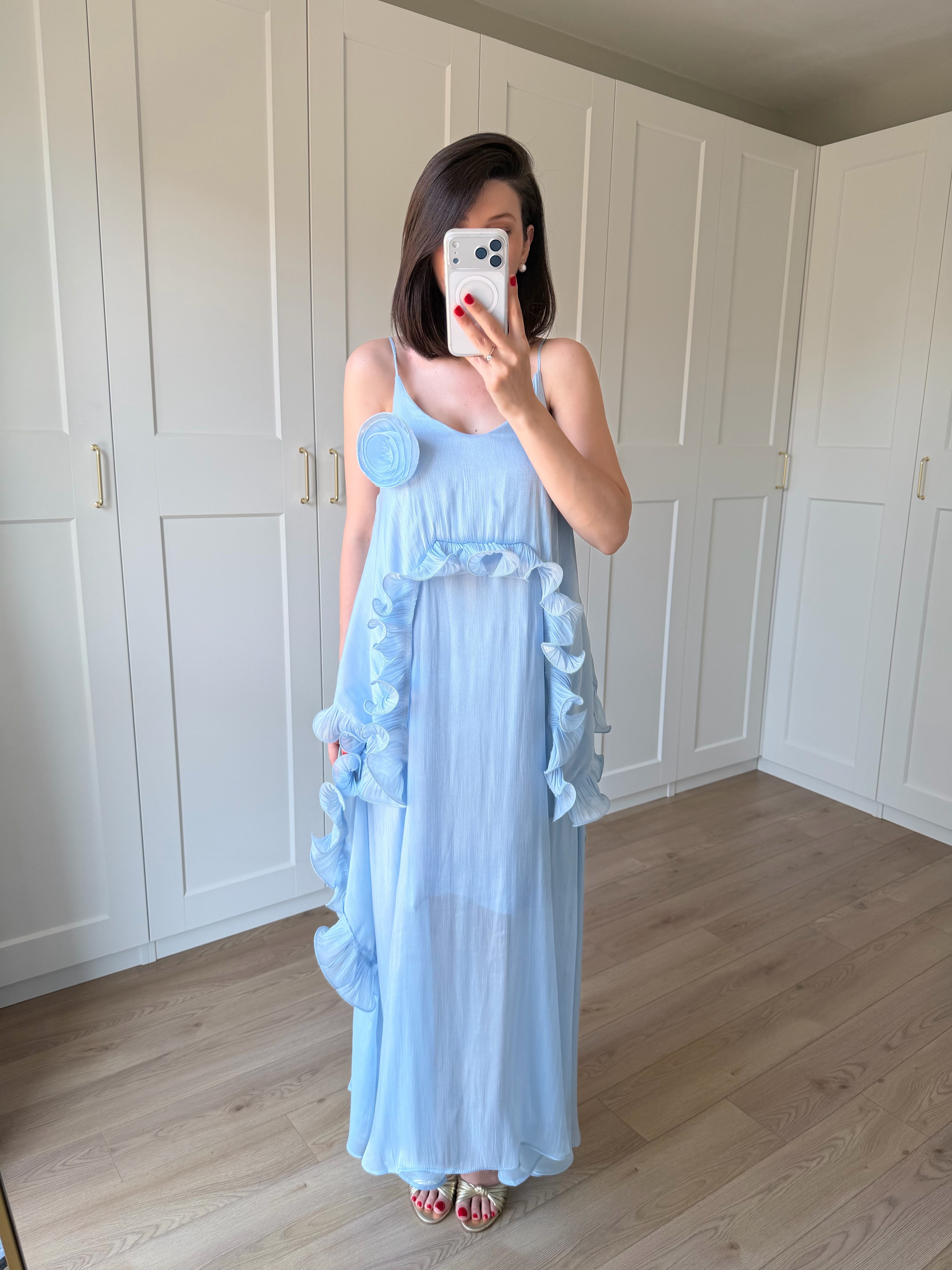 Liva Gül Detaylı Mavi Renk Elbise