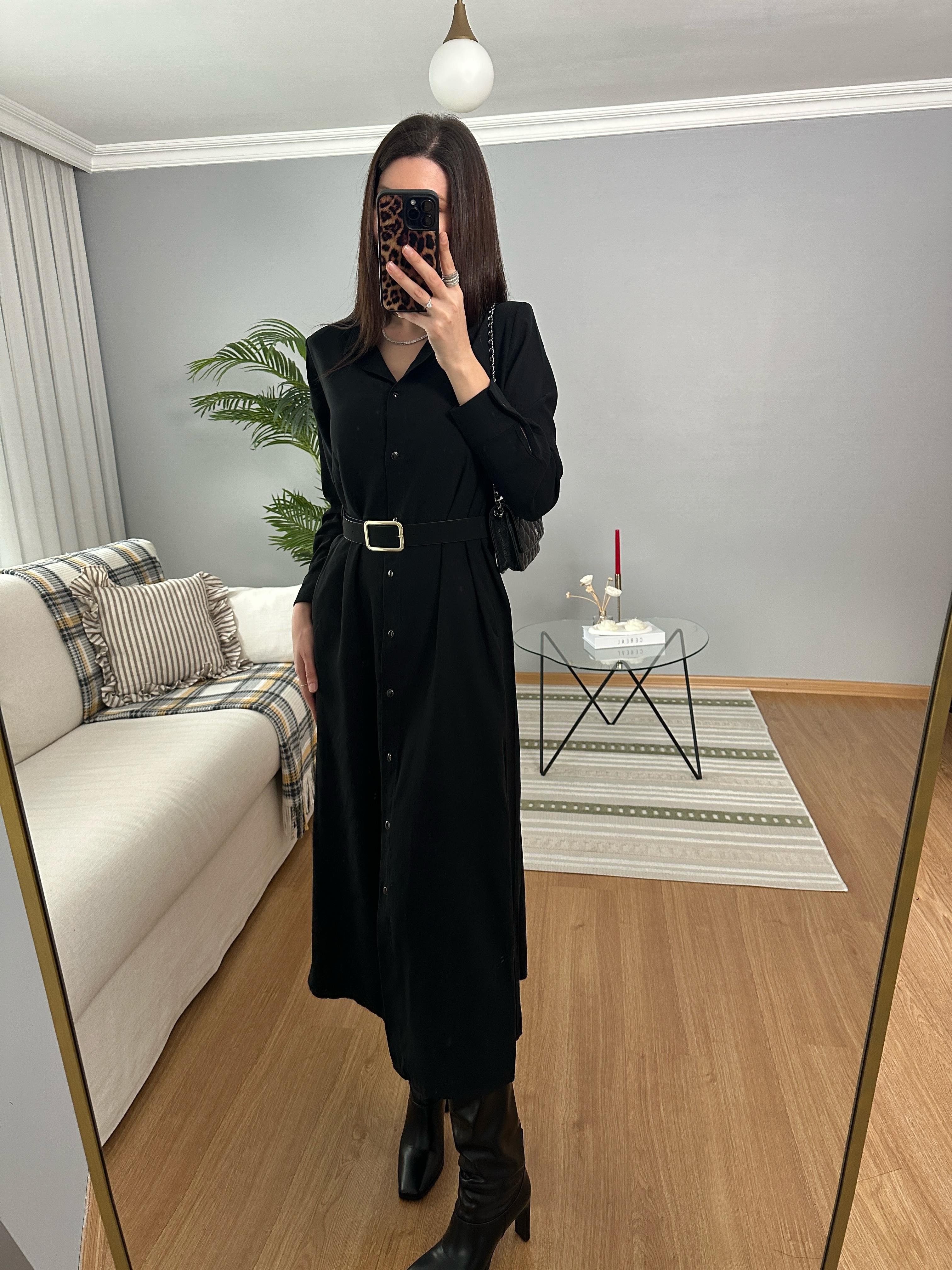 Maria Siyah Süet Kemerli Tencel Elbise