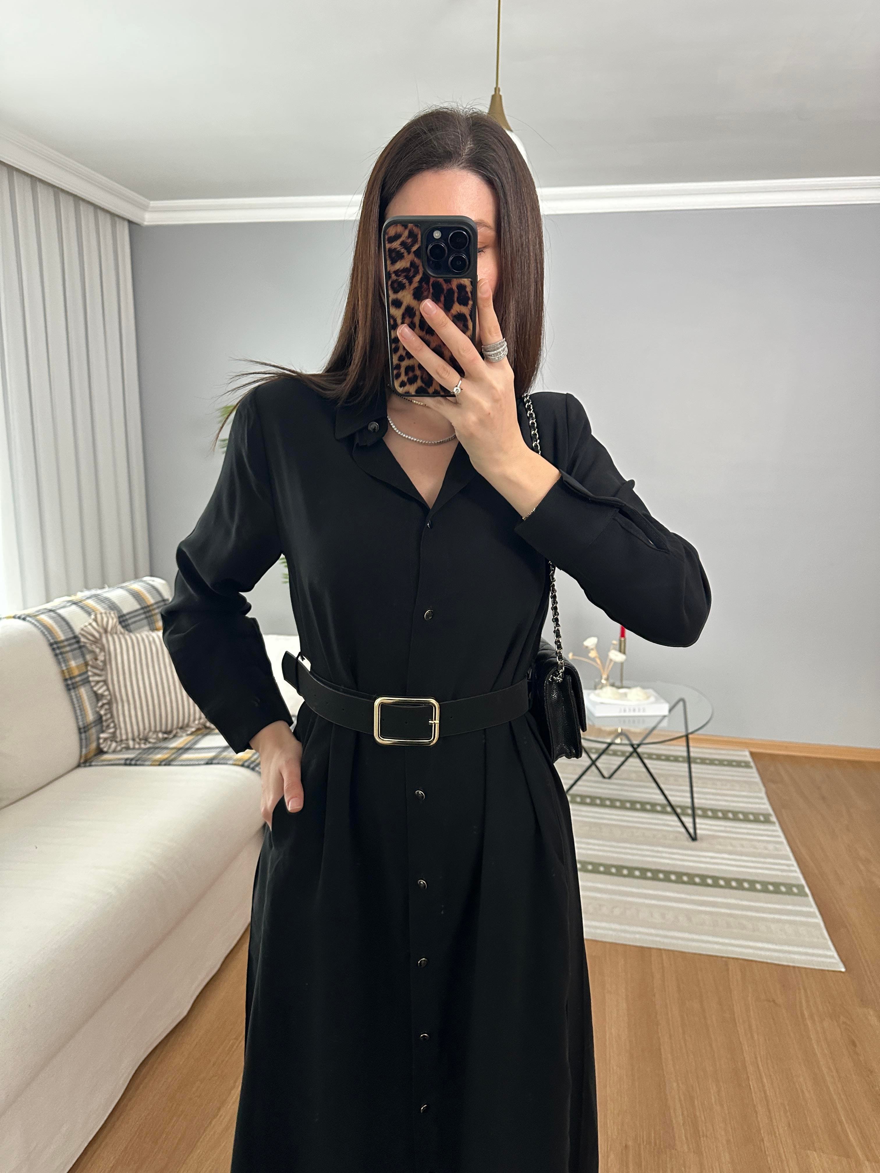 Maria Siyah Süet Kemerli Tencel Elbise