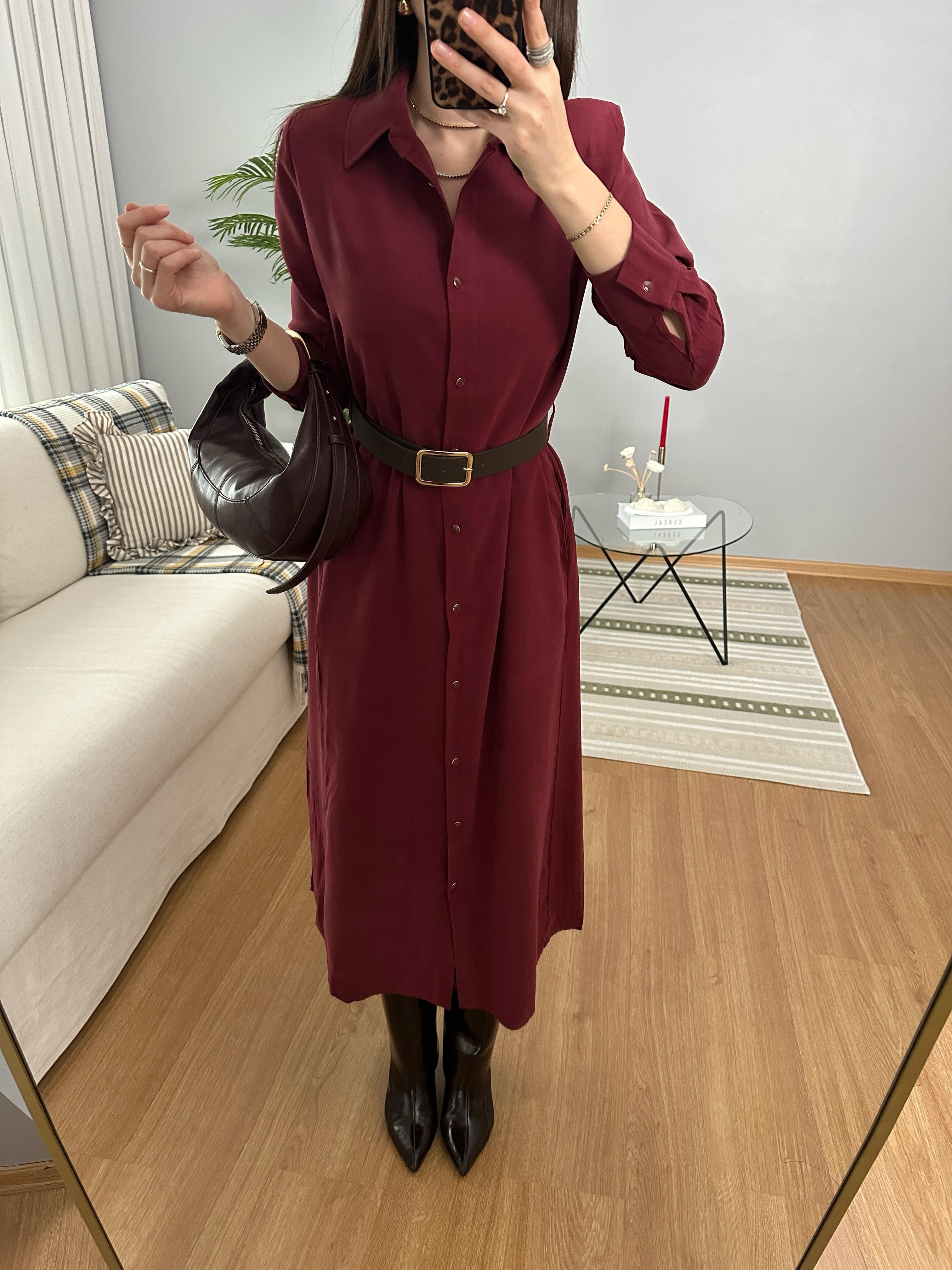 Maria Süet Kemerli Bordo Tensel Elbise