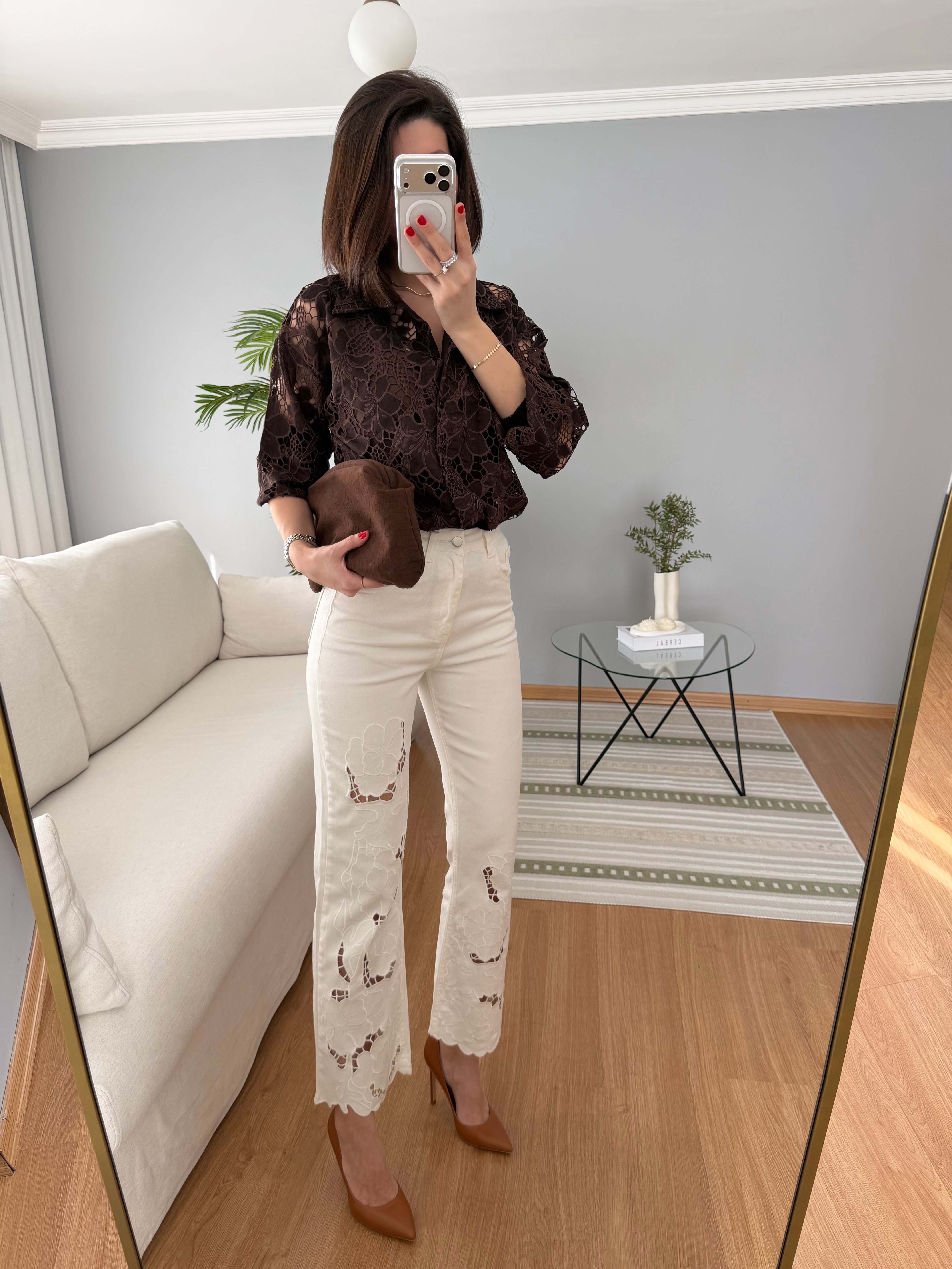 Marka Model Floral Desenli Ekru Jean