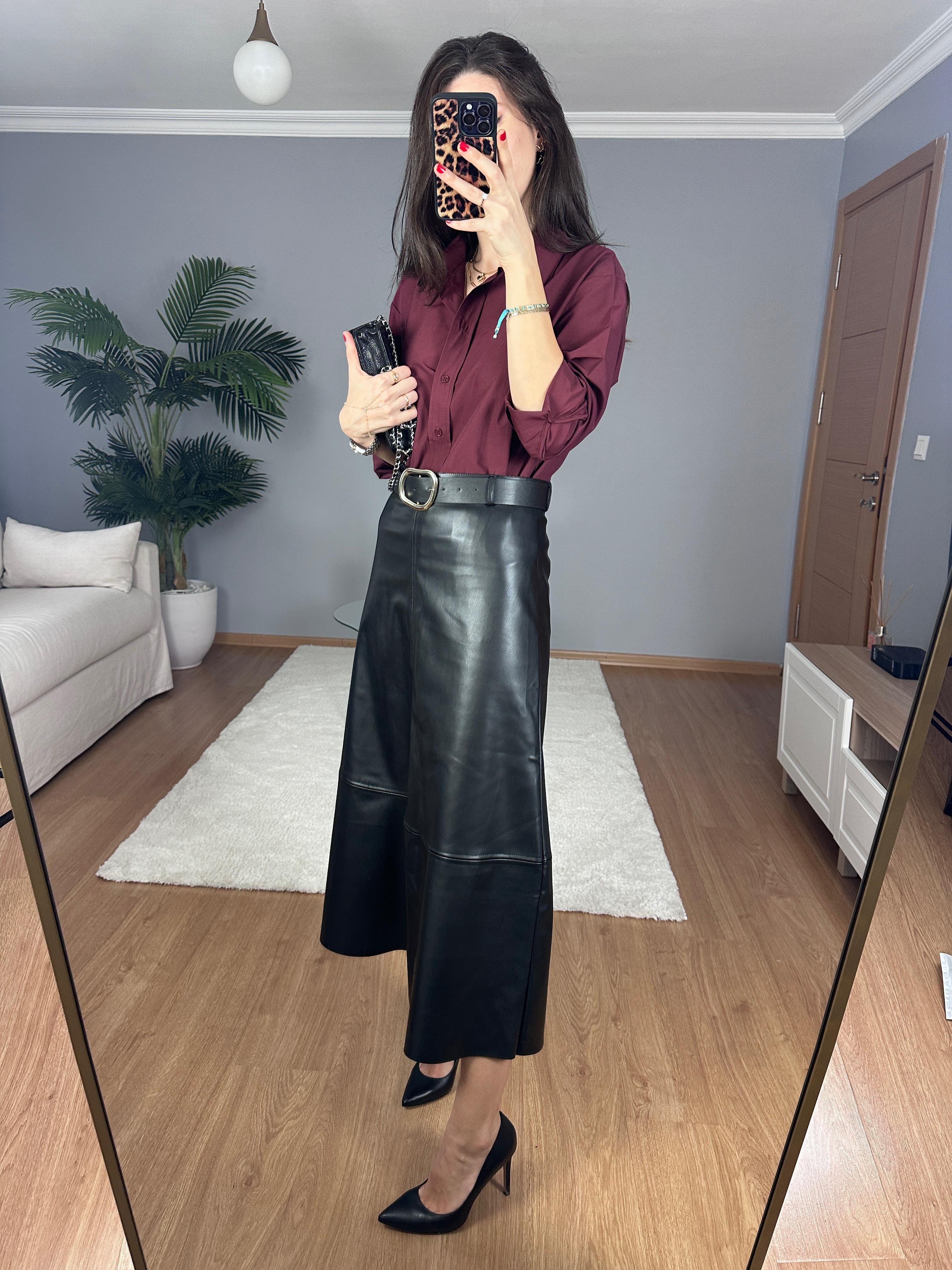 Maxi Siyah Deri Etek