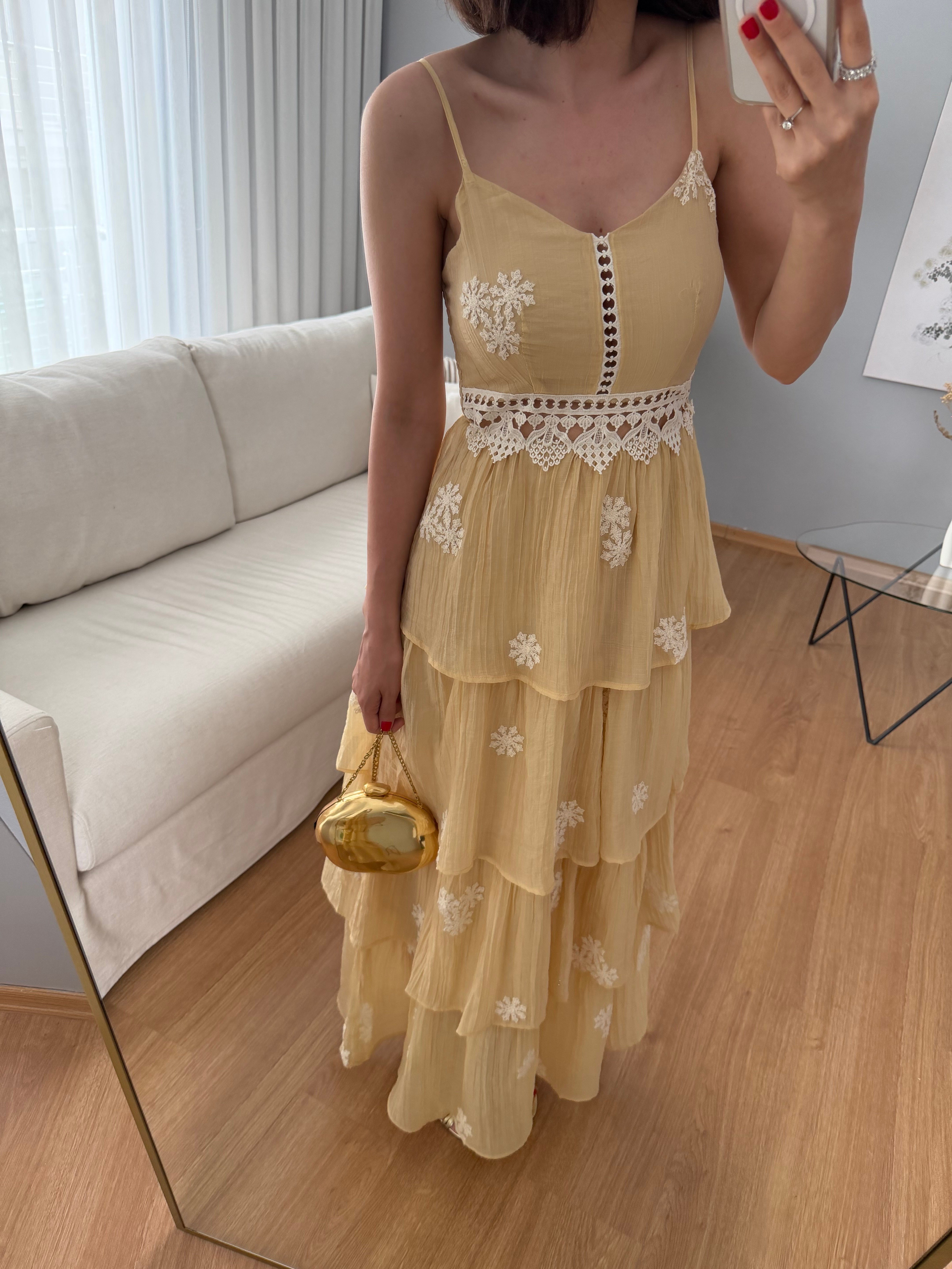 Mireya Sarı Renk Katlı Elbise 