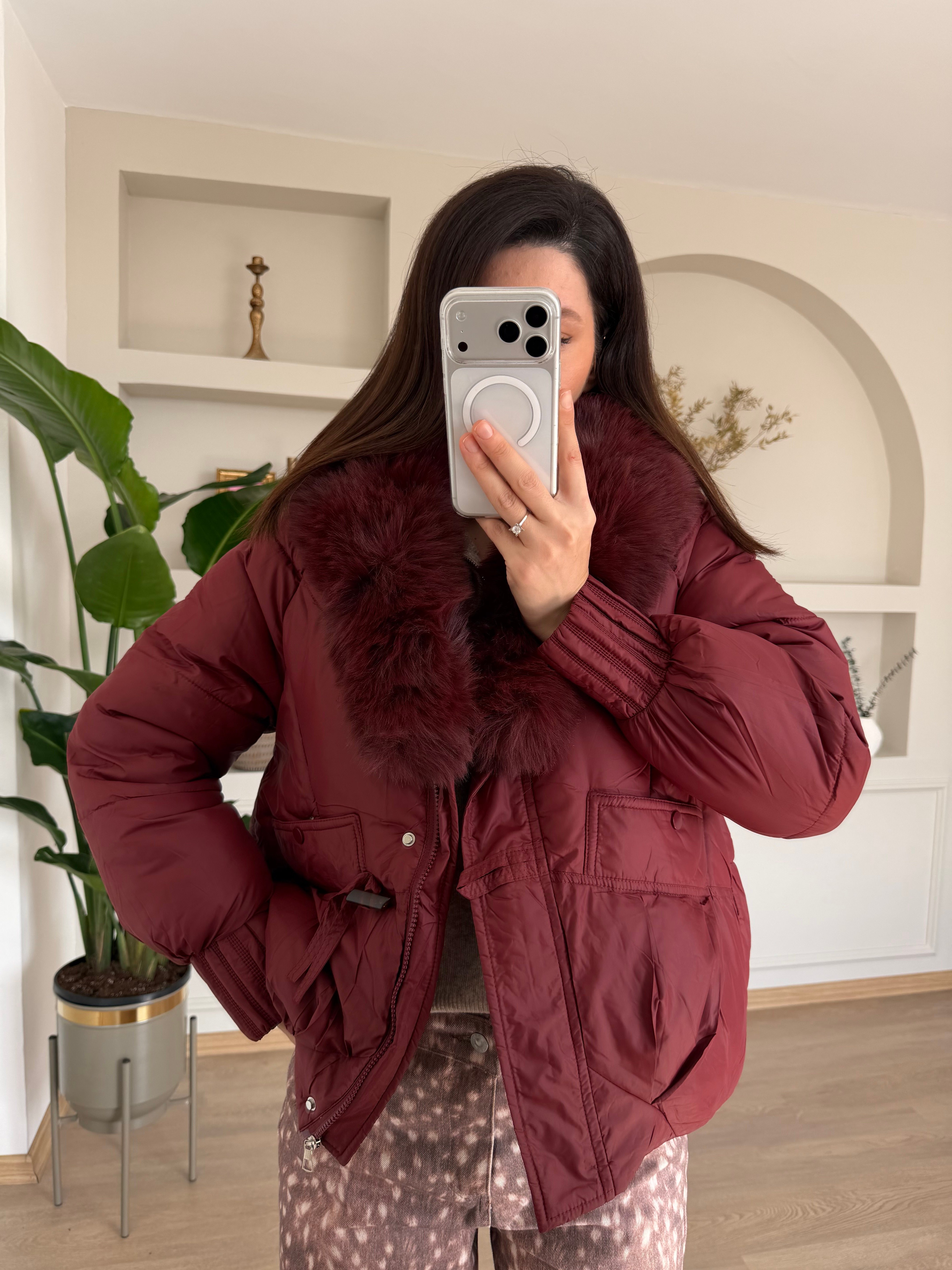 Mocka Kürk Yaka Bordo Rengi Şişme Mont