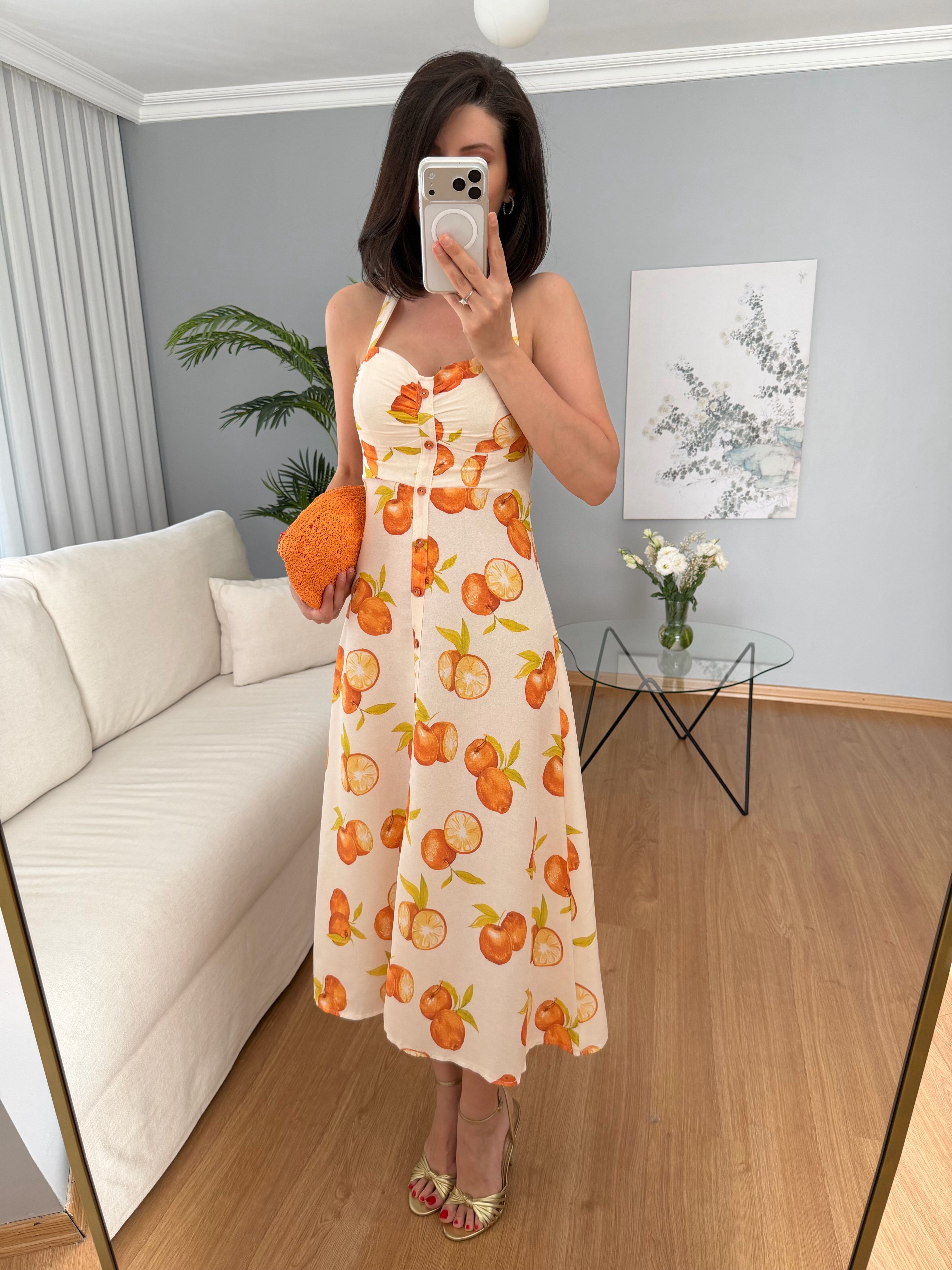 Orange Desenli Elbise 