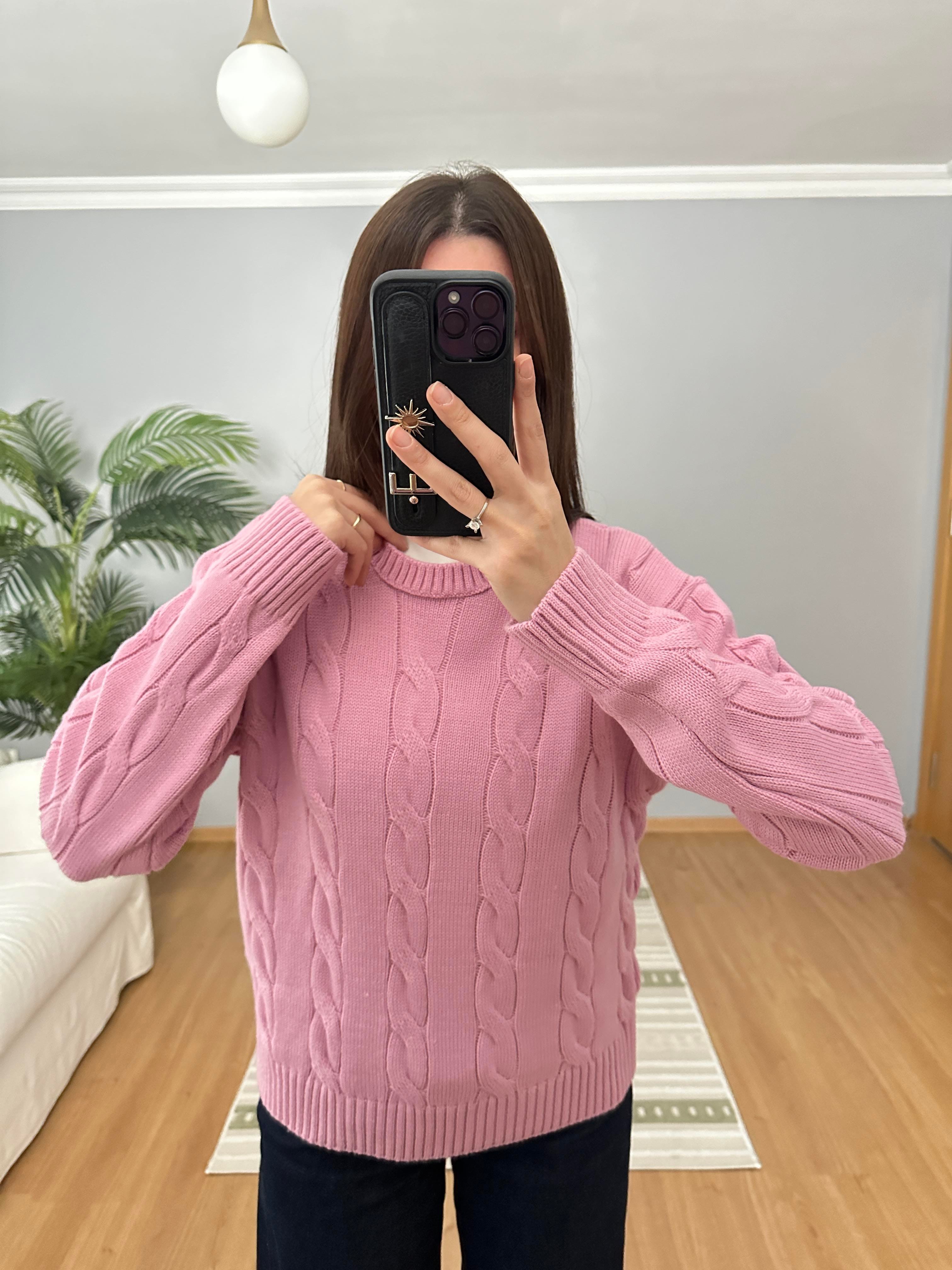 Örgü Motifli Pembe Kazak
