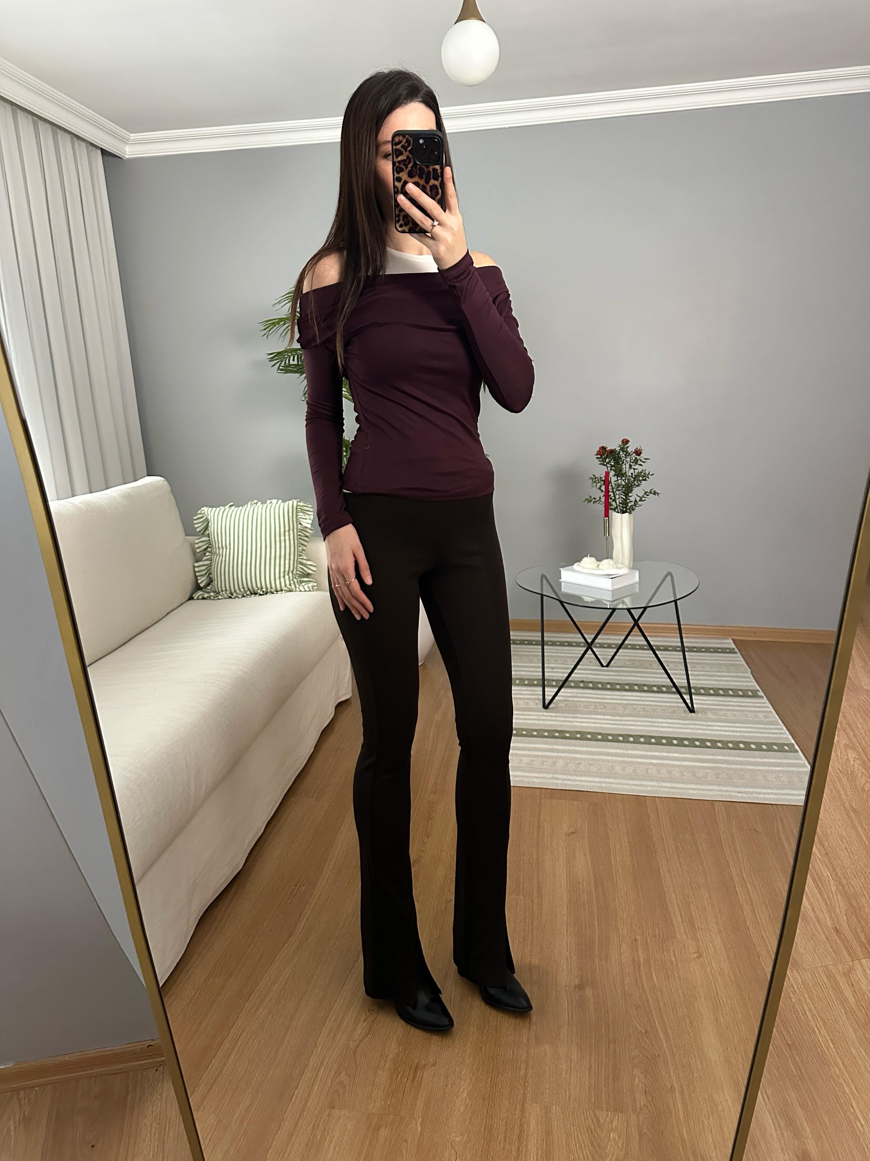 Paça Yırtmaçlı Beli Lastikli Kahve Pantolon