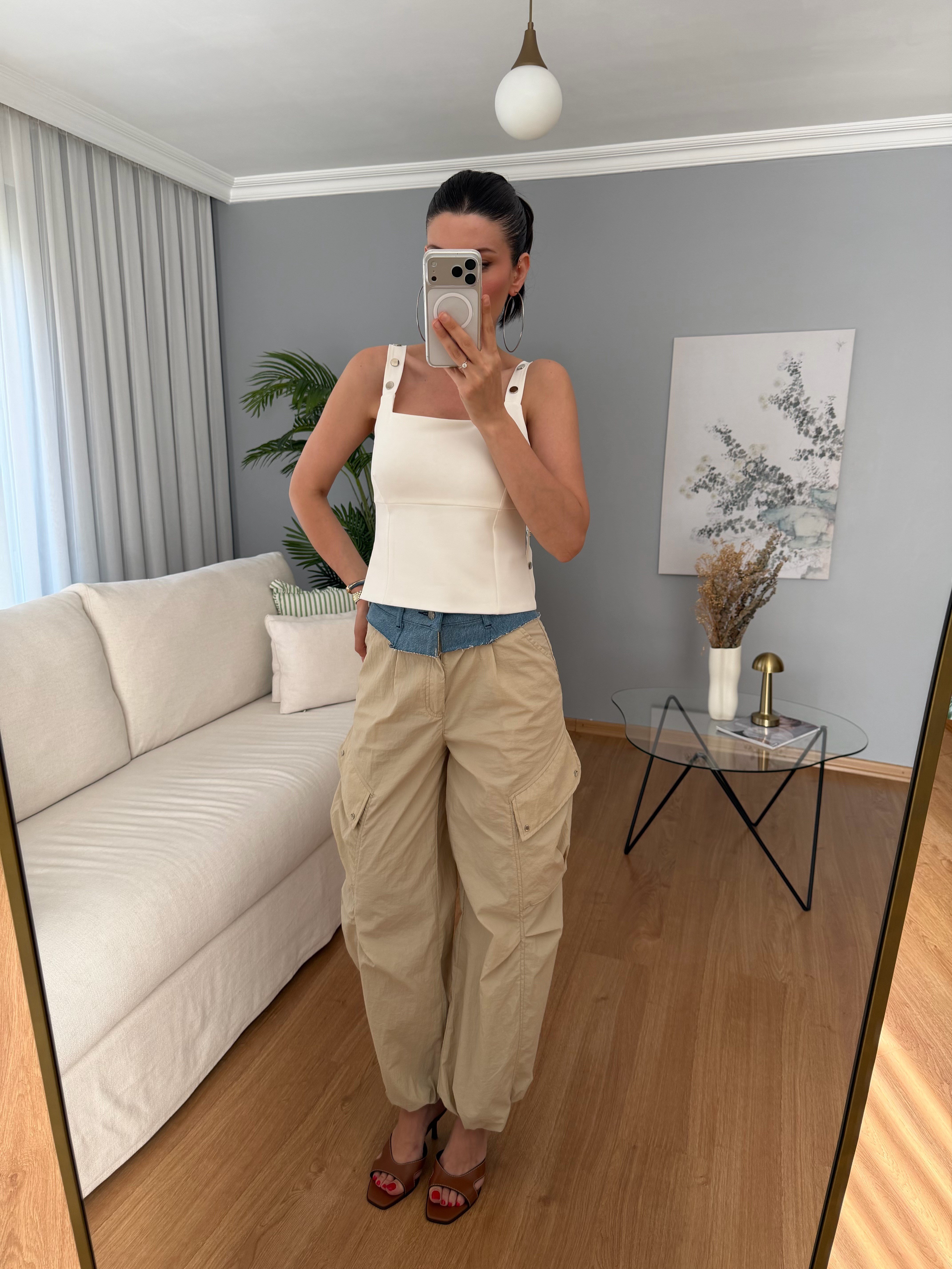 Parachute Denim Detaylı Bej Rengi Kargo Pantolon