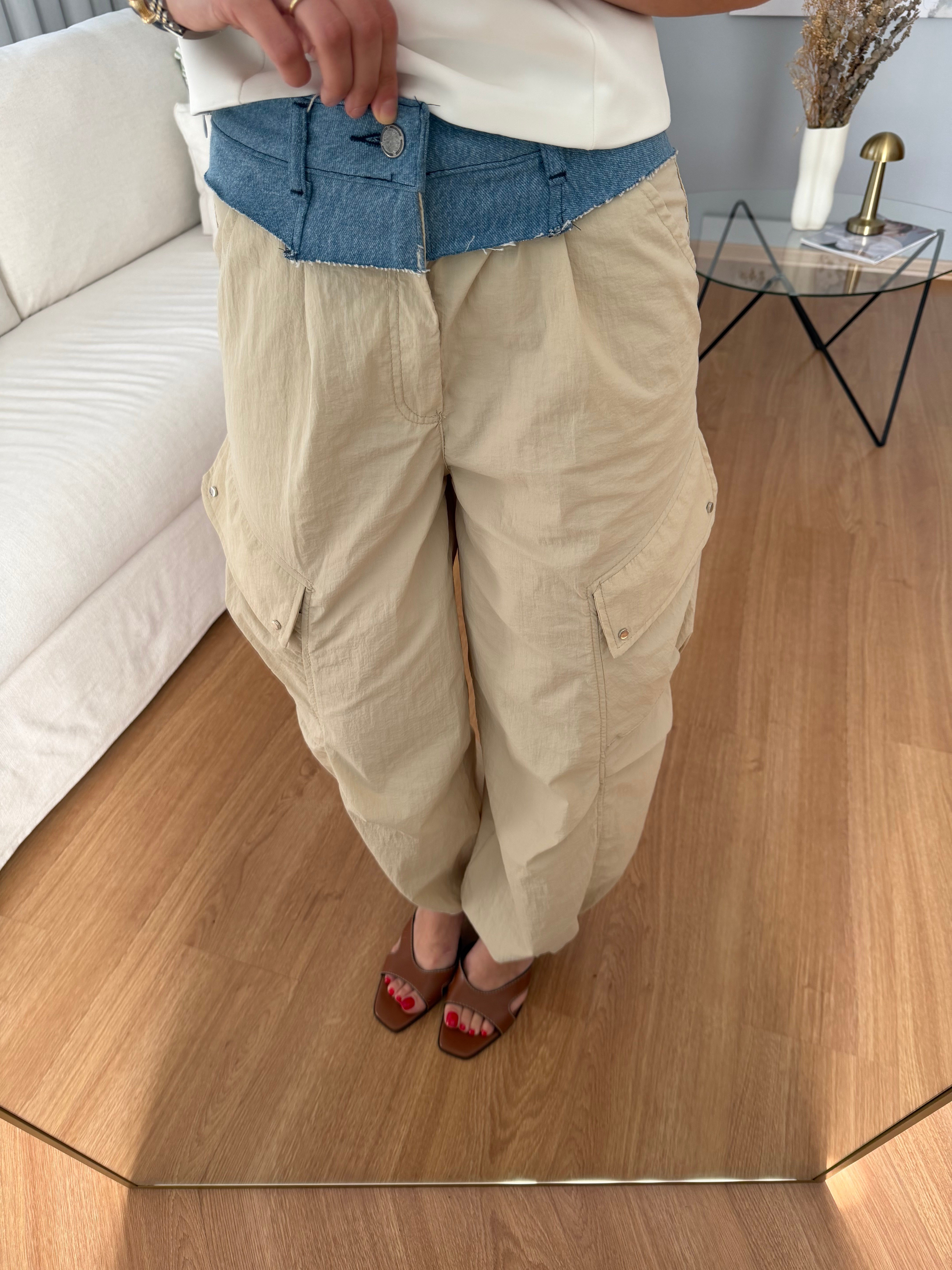 Parachute Denim Detaylı Bej Rengi Kargo Pantolon
