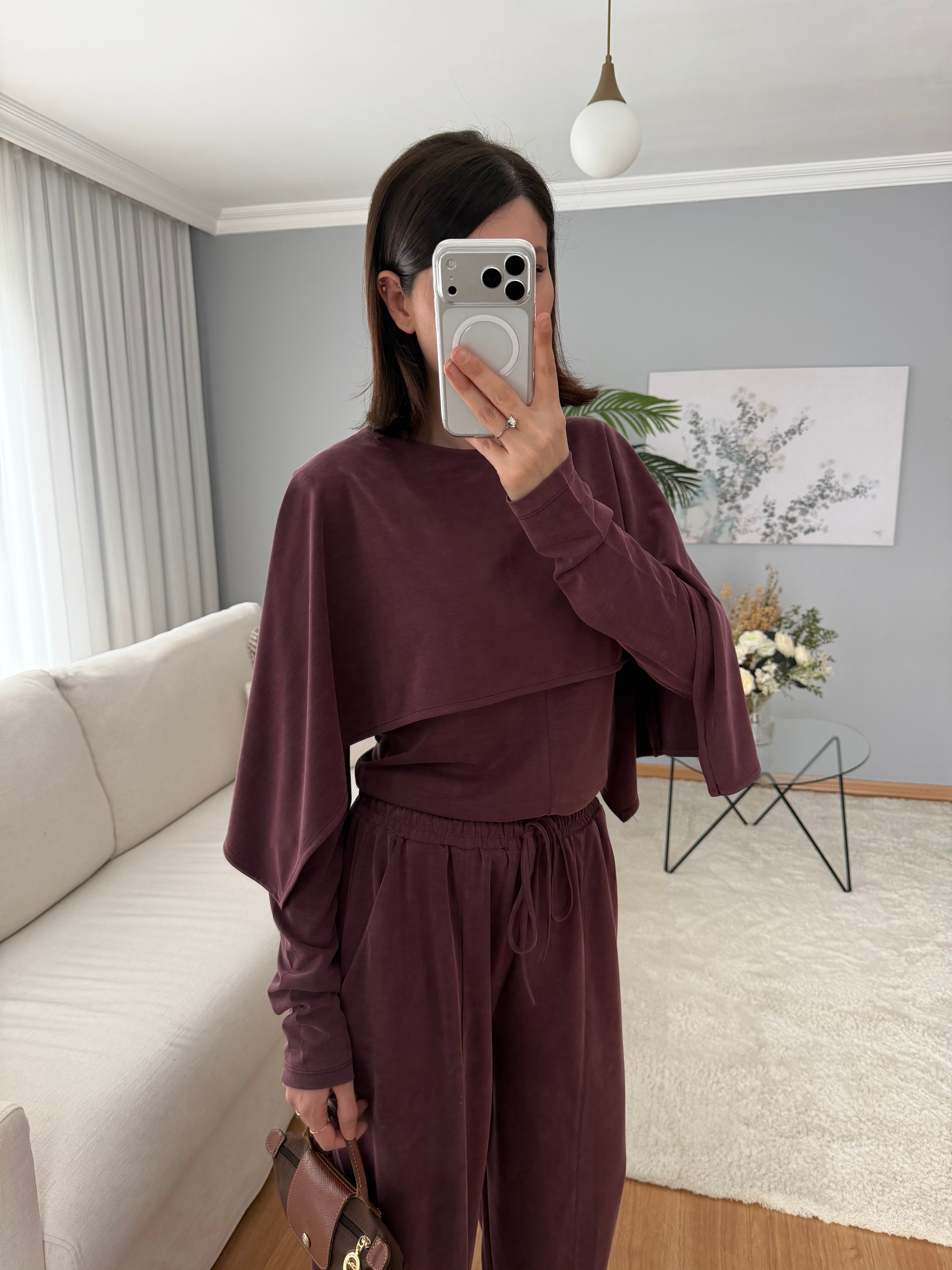 Pelerin Model Bordo Renk Modal Takım