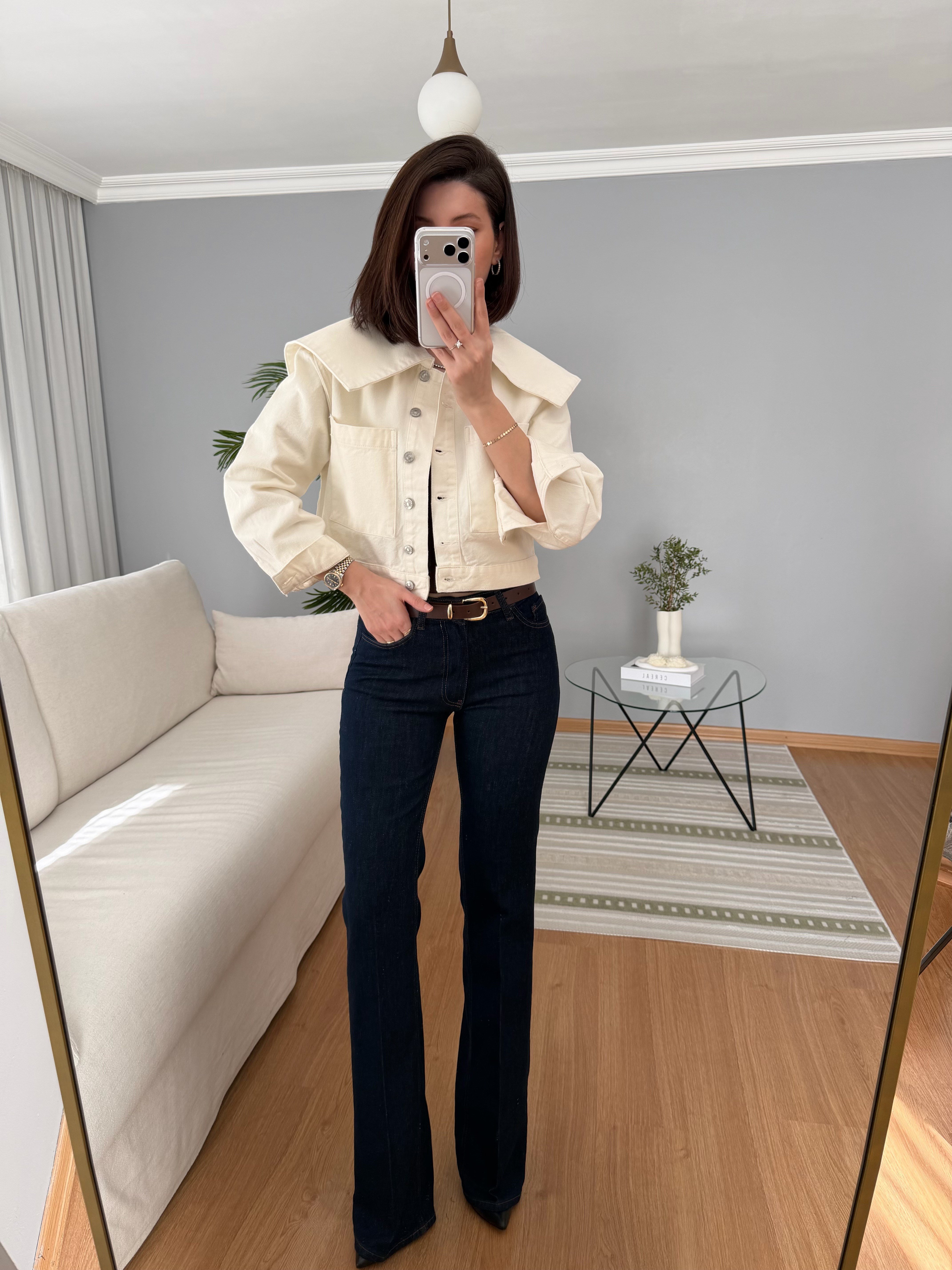 Pelerin Yaka Ekru Denim Ceket 