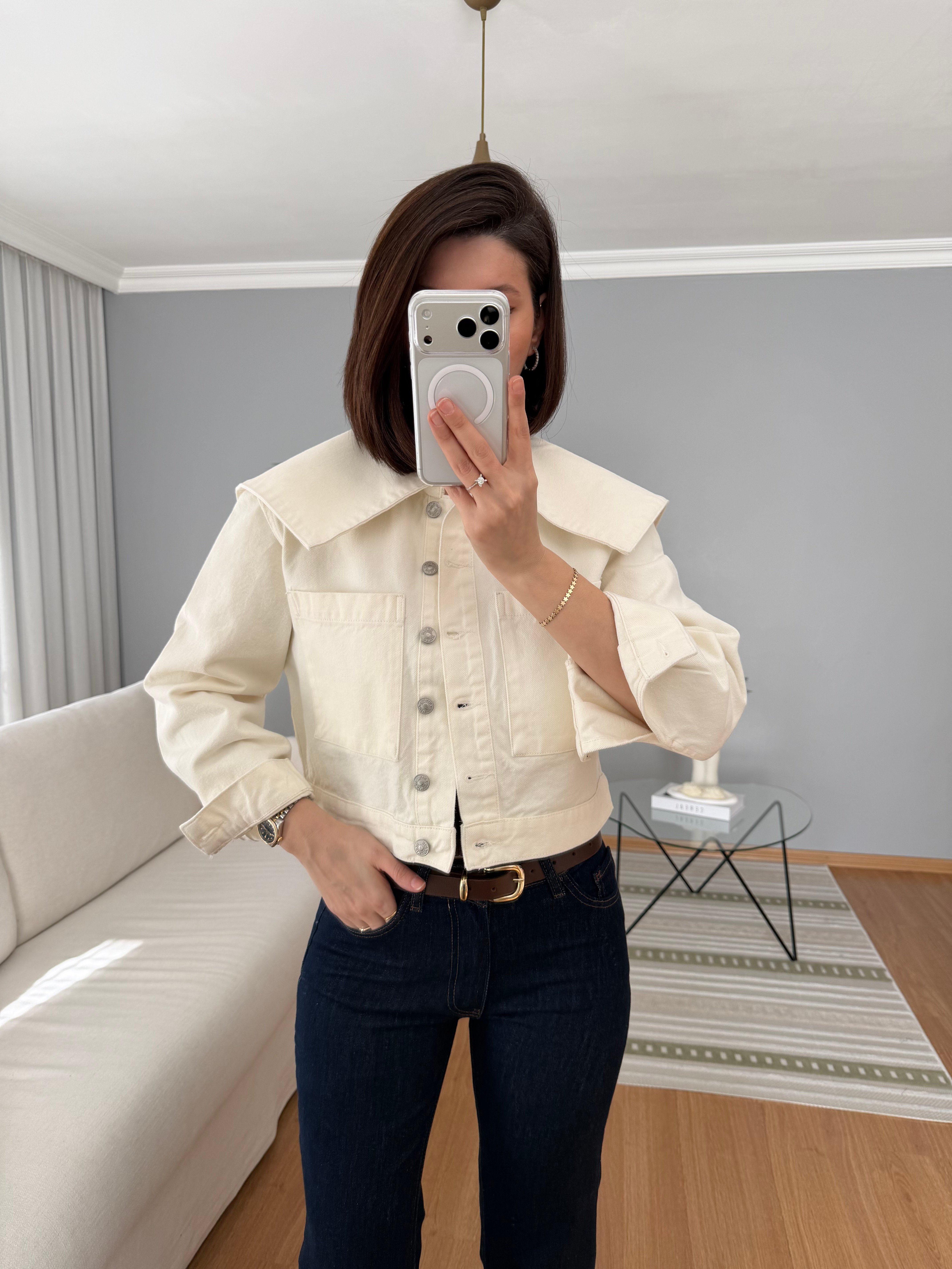 Pelerin Yaka Ekru Denim Ceket 
