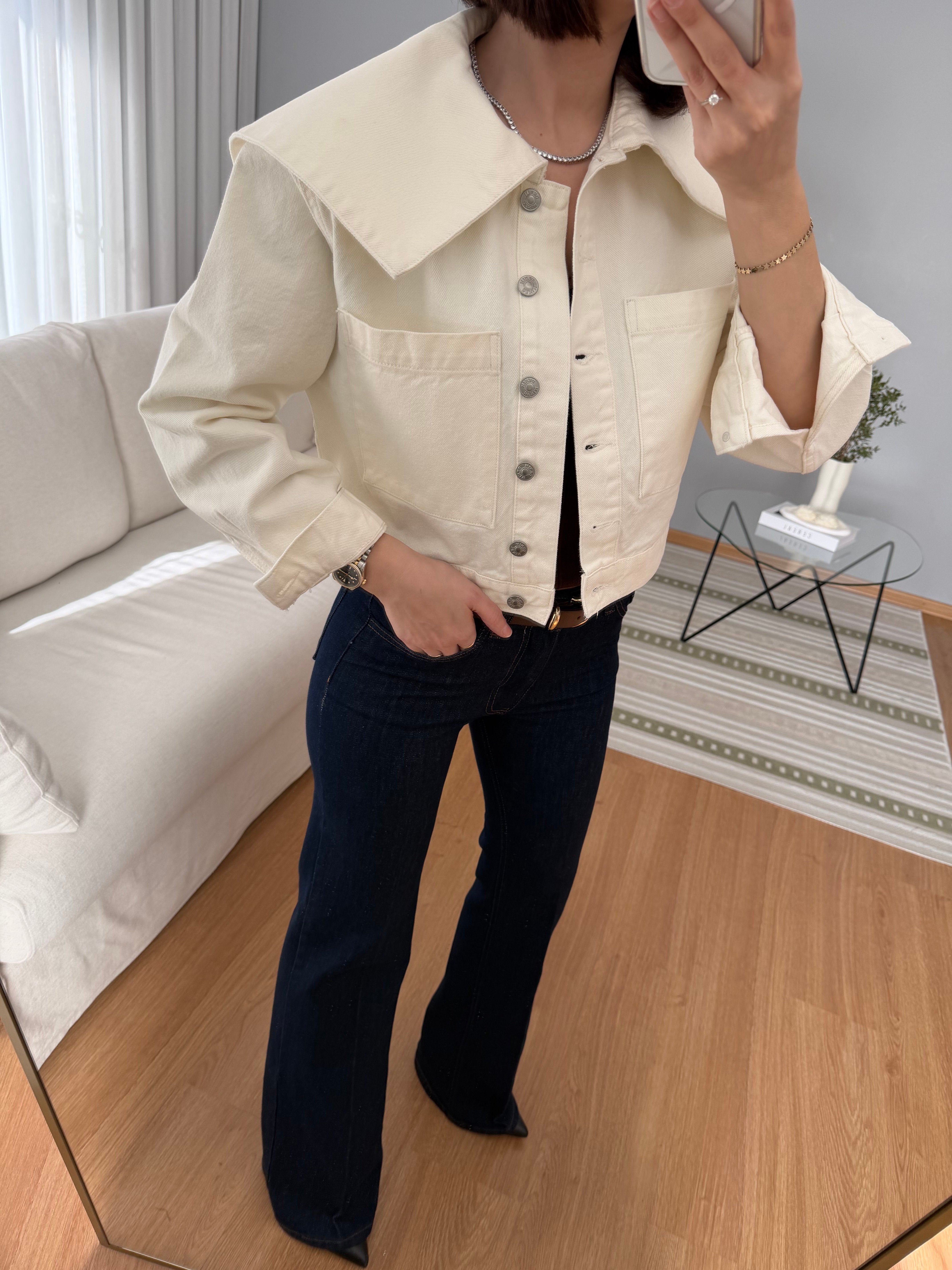 Pelerin Yaka Ekru Denim Ceket 