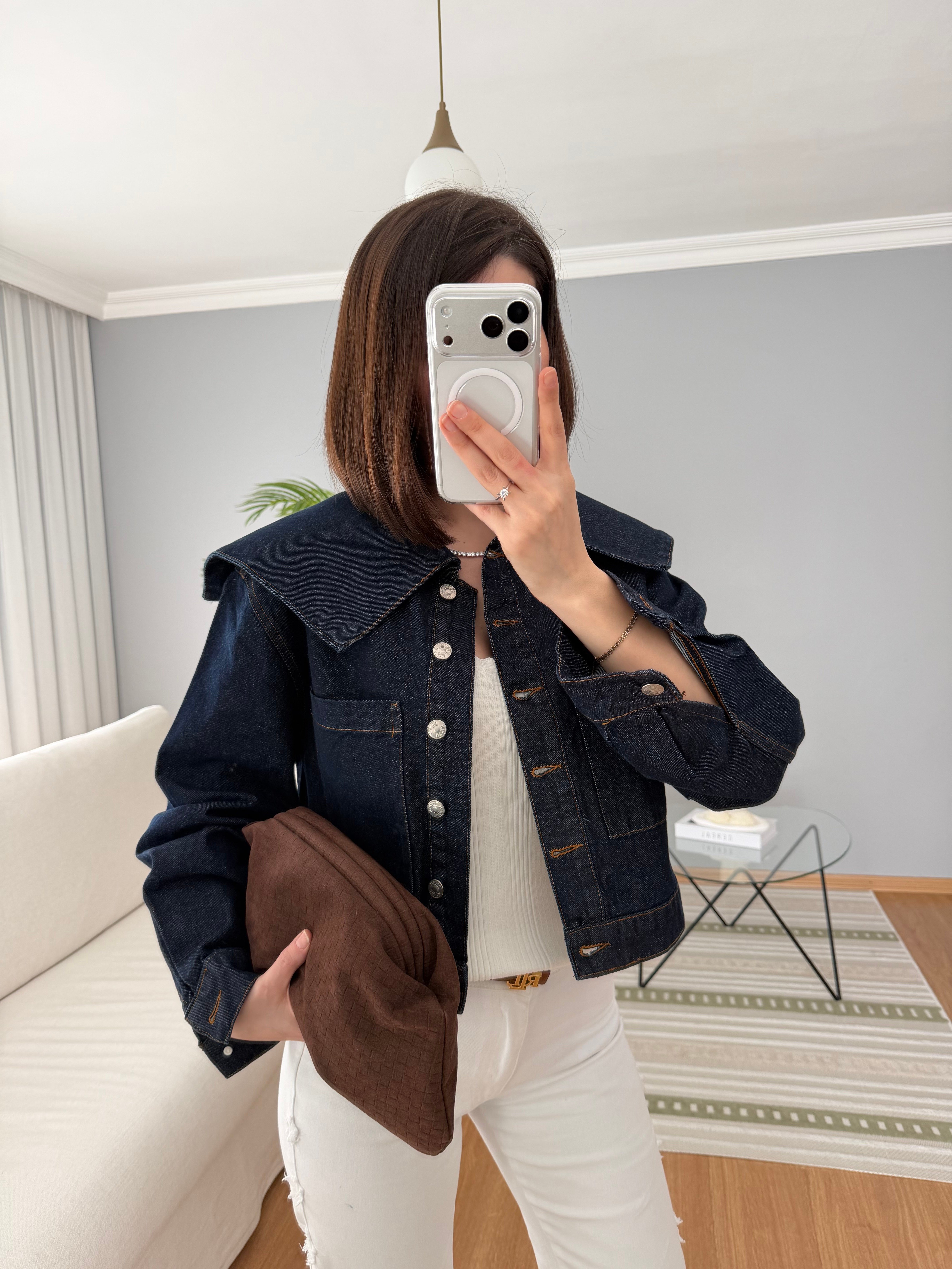 Pelerin Yaka Lacivert Denim Ceket 