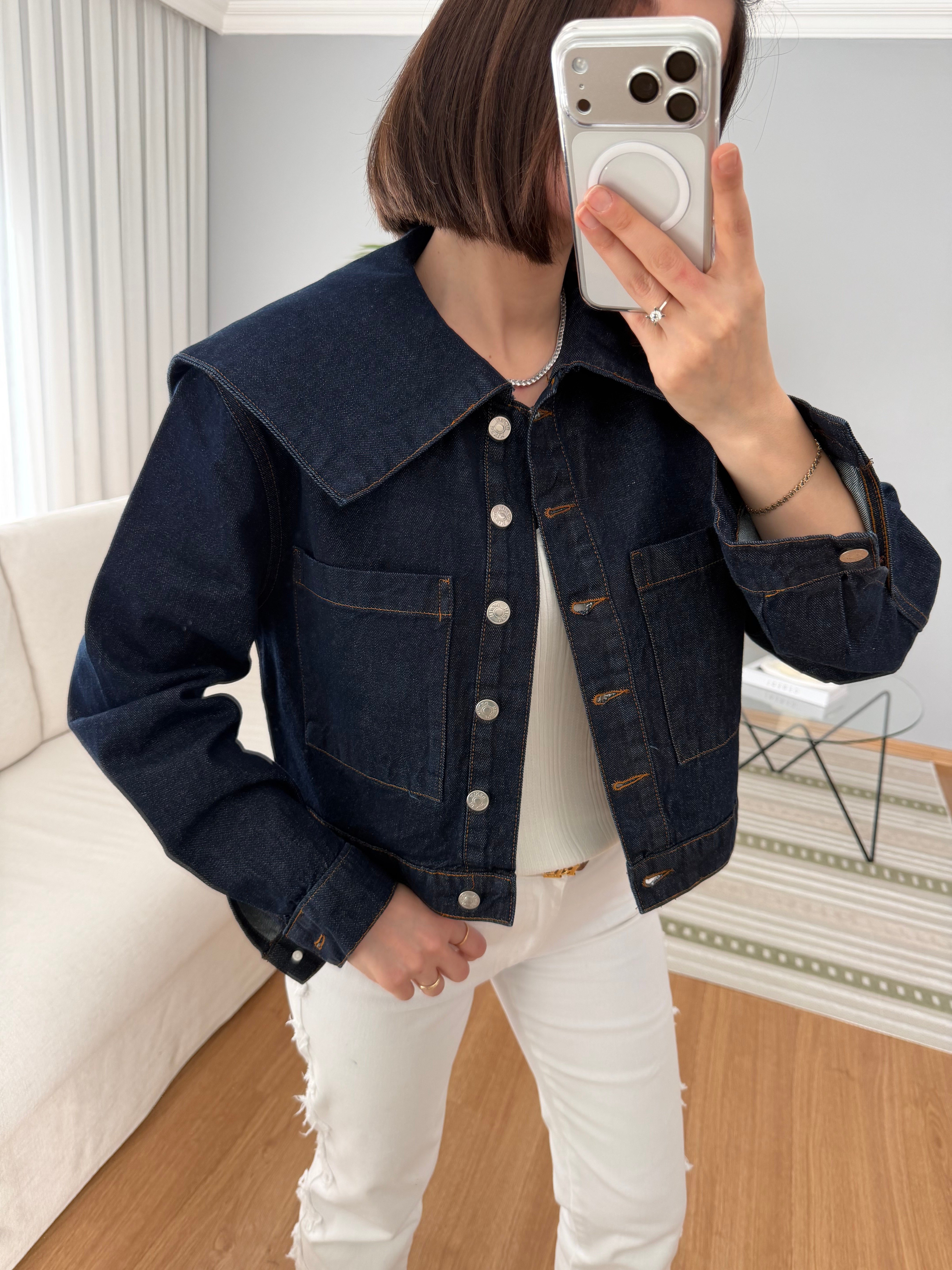 Pelerin Yaka Lacivert Denim Ceket 