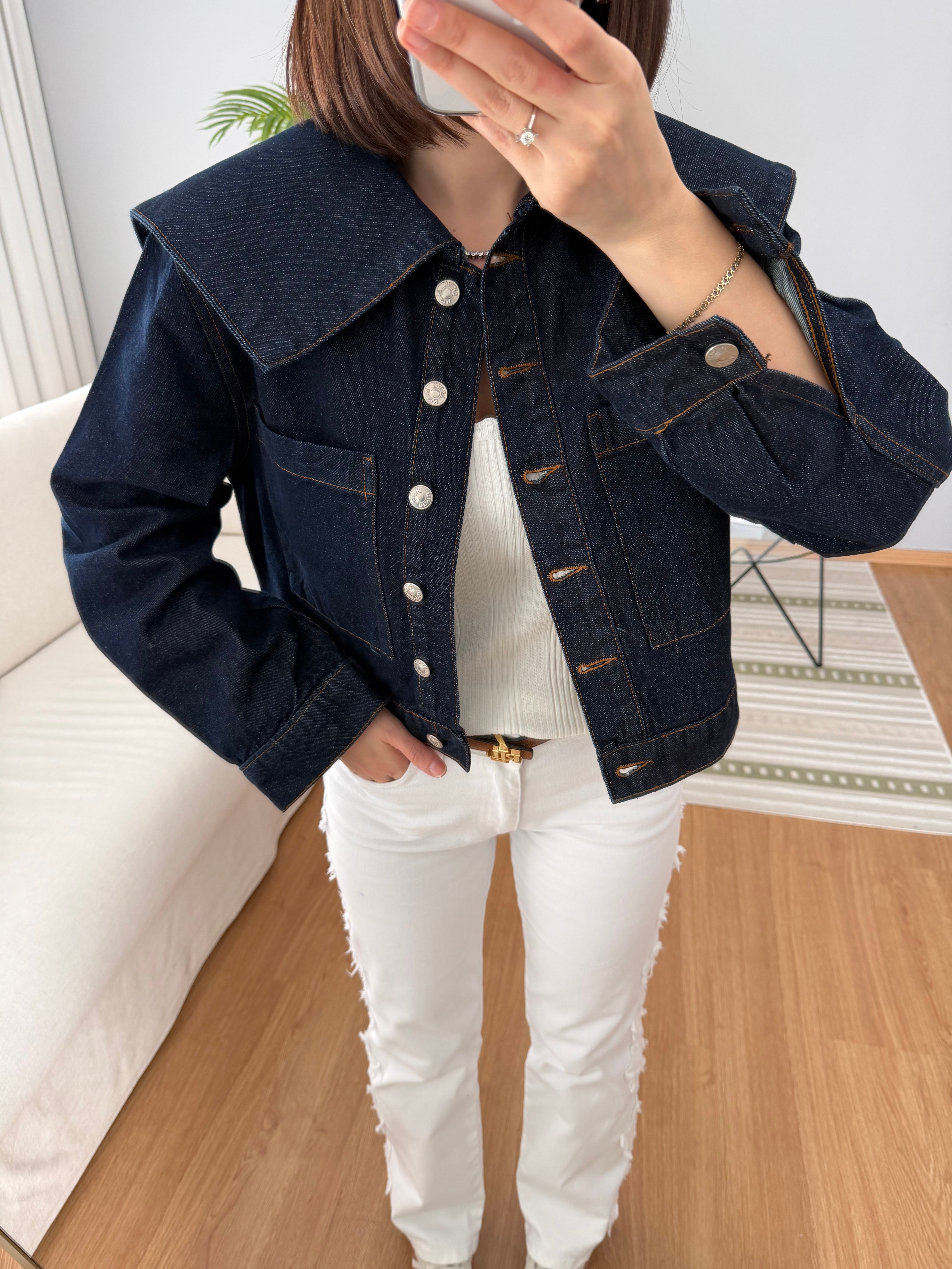 Pelerin Yaka Lacivert Denim Ceket 