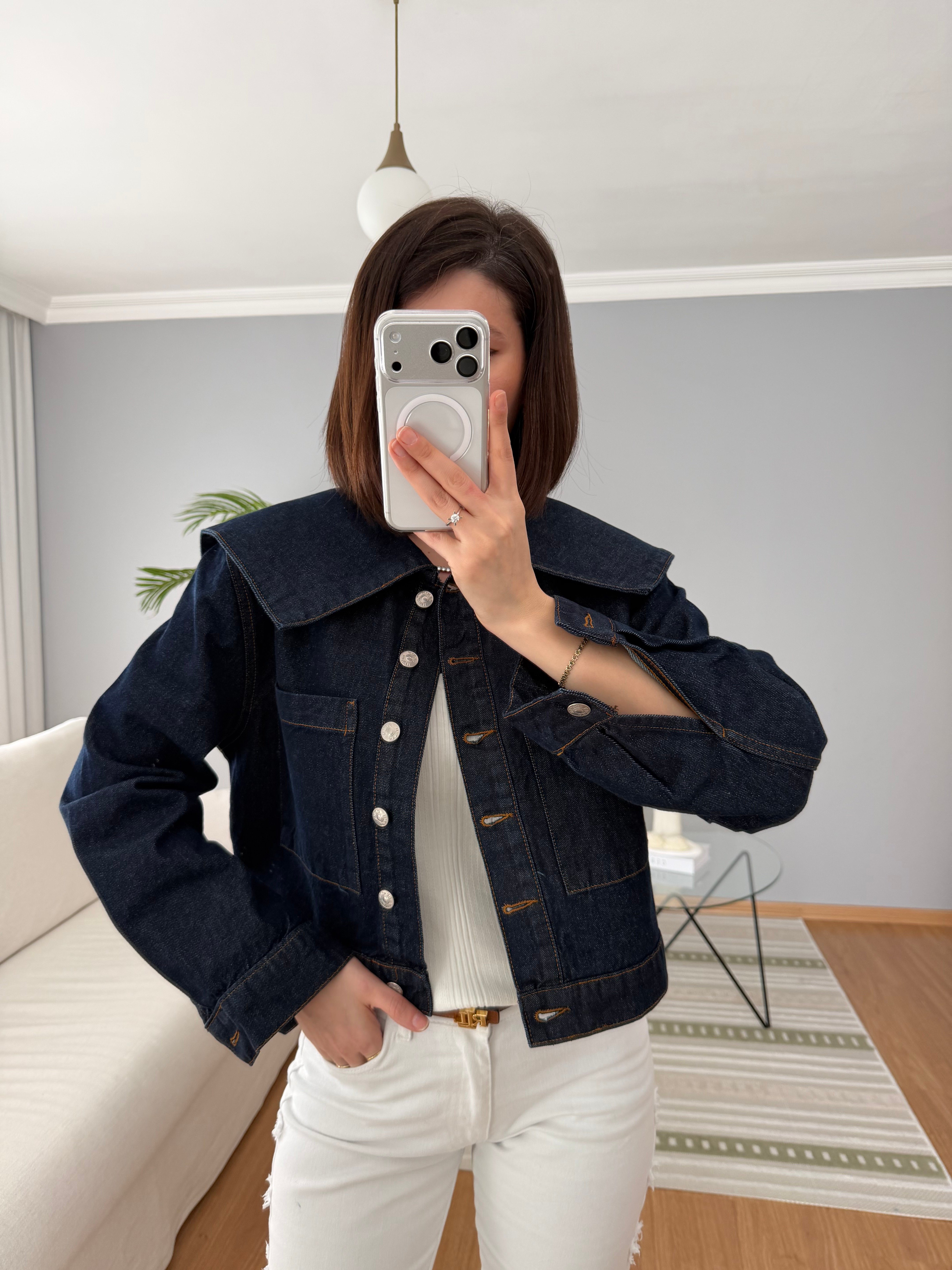 Pelerin Yaka Lacivert Denim Ceket 