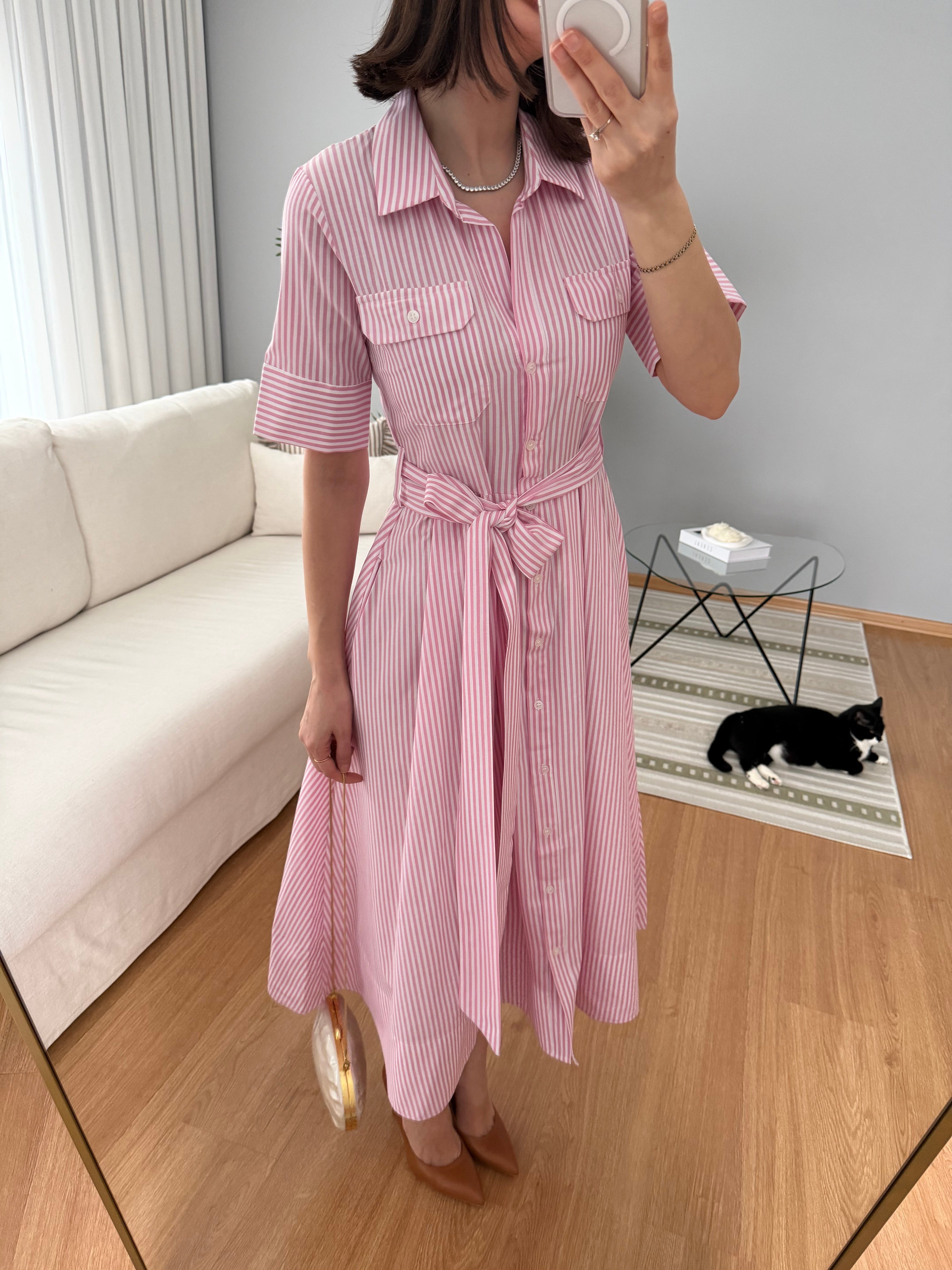 Pembe Çizgili Kuşaklı Elbise