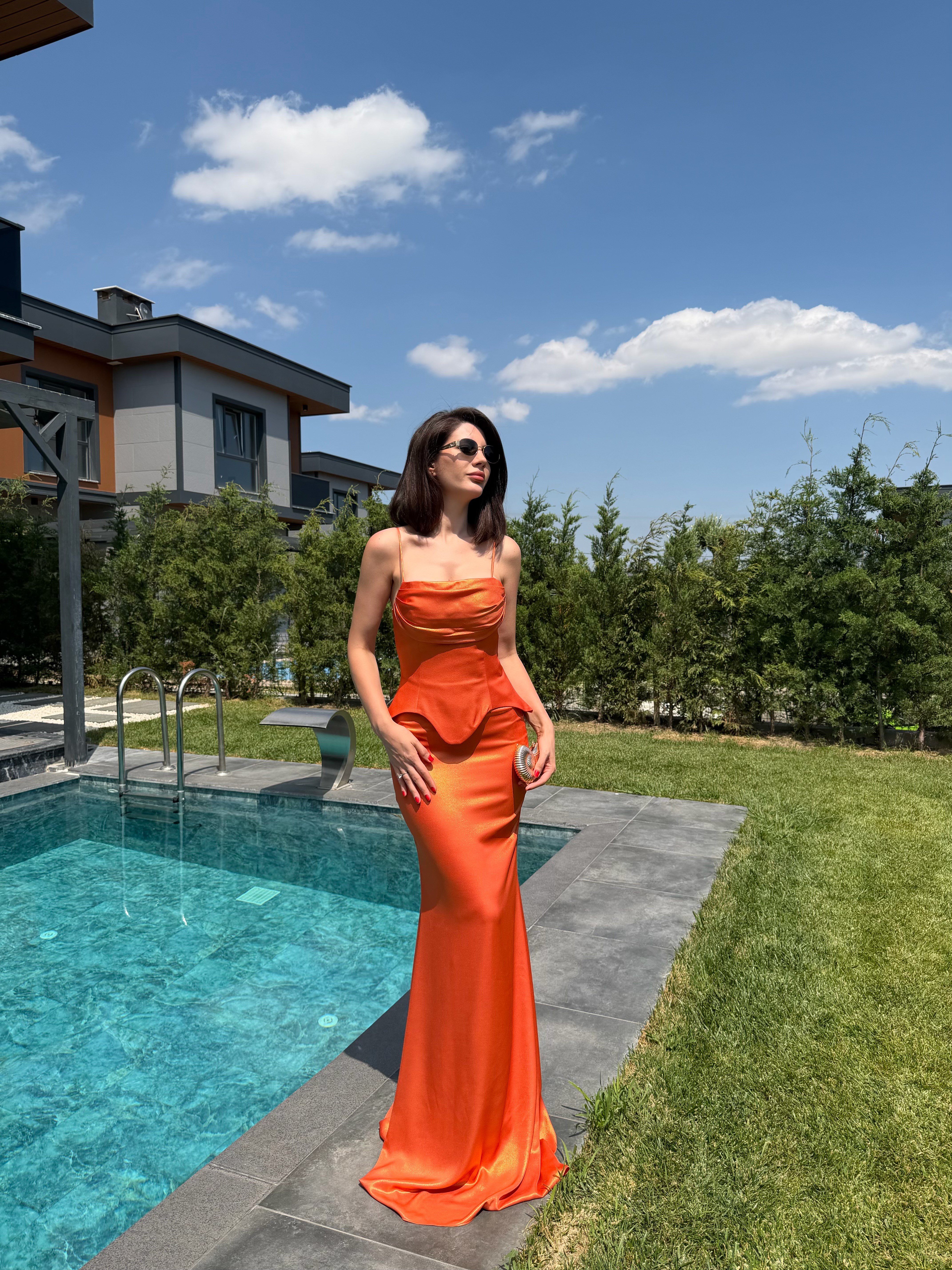 Peplum Işıltılı Bronz Turuncu Uzun Elbise