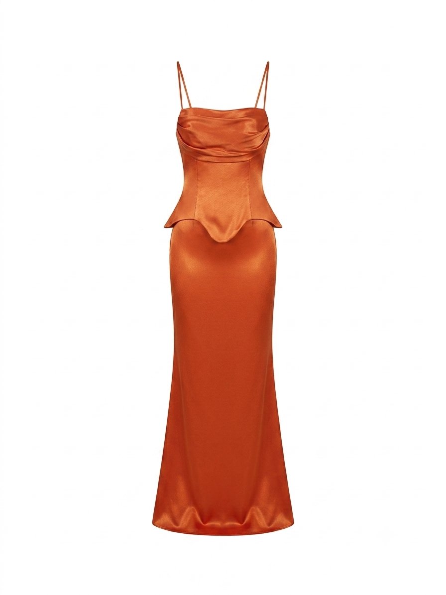 Peplum Işıltılı Bronz Turuncu Uzun Elbise