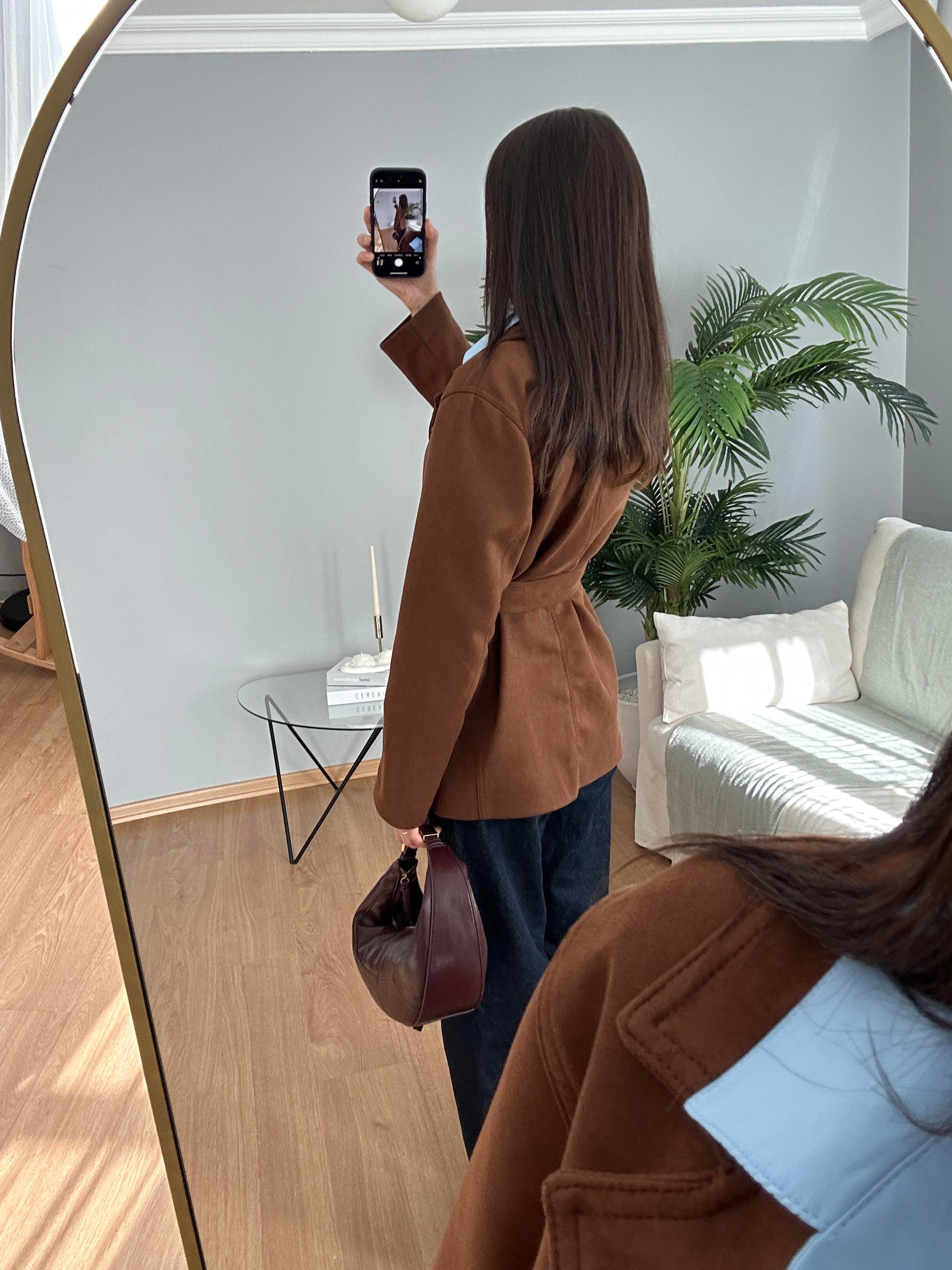 Premium Kahve Kuşaklı Süet Ceket 