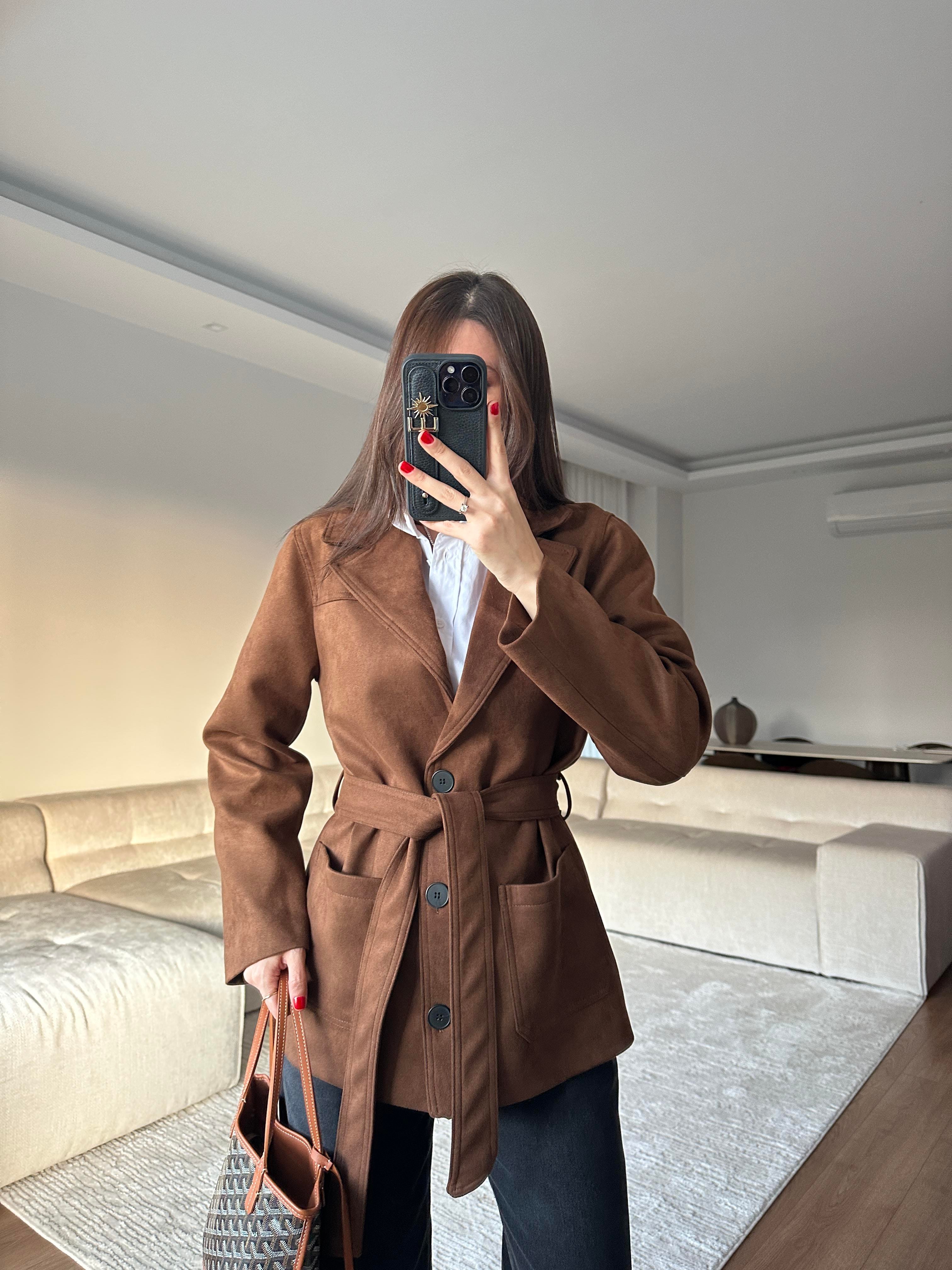 Premium Kahve Kuşaklı Süet Ceket 
