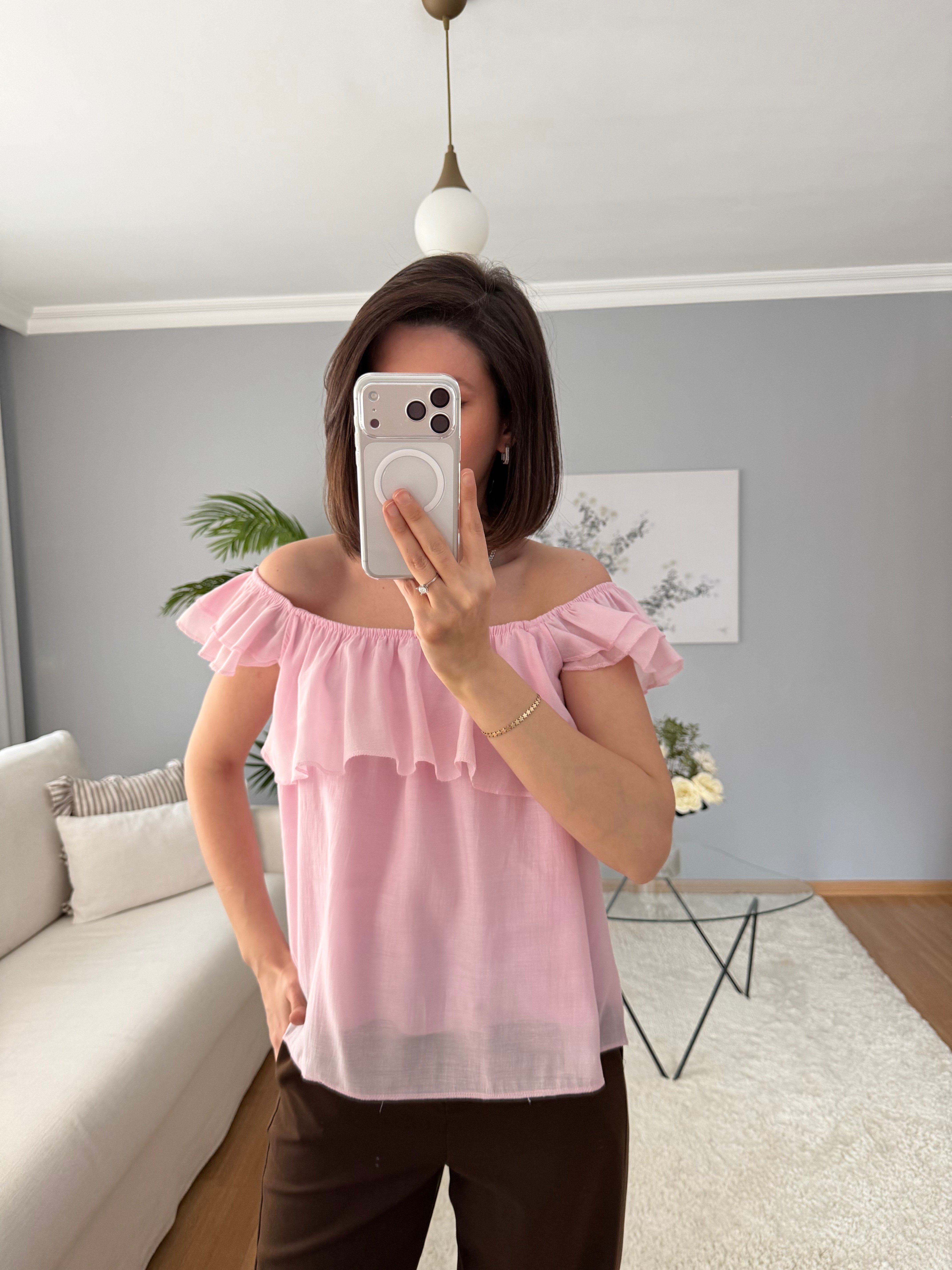 Rovienne Pembe Fırfır Bluz