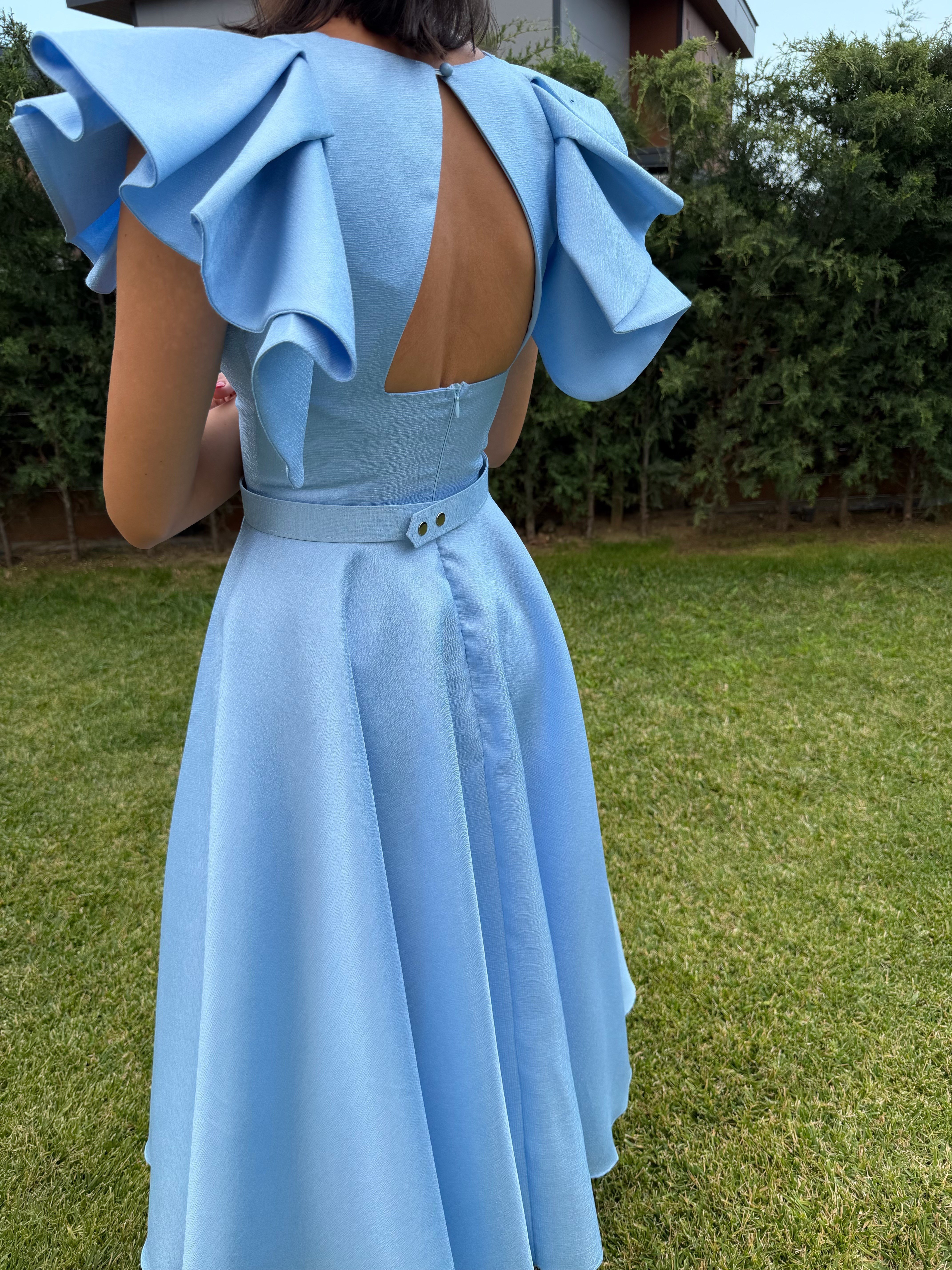 Sindy Baby Blue Taşlı Kemerli Maxi Elbise