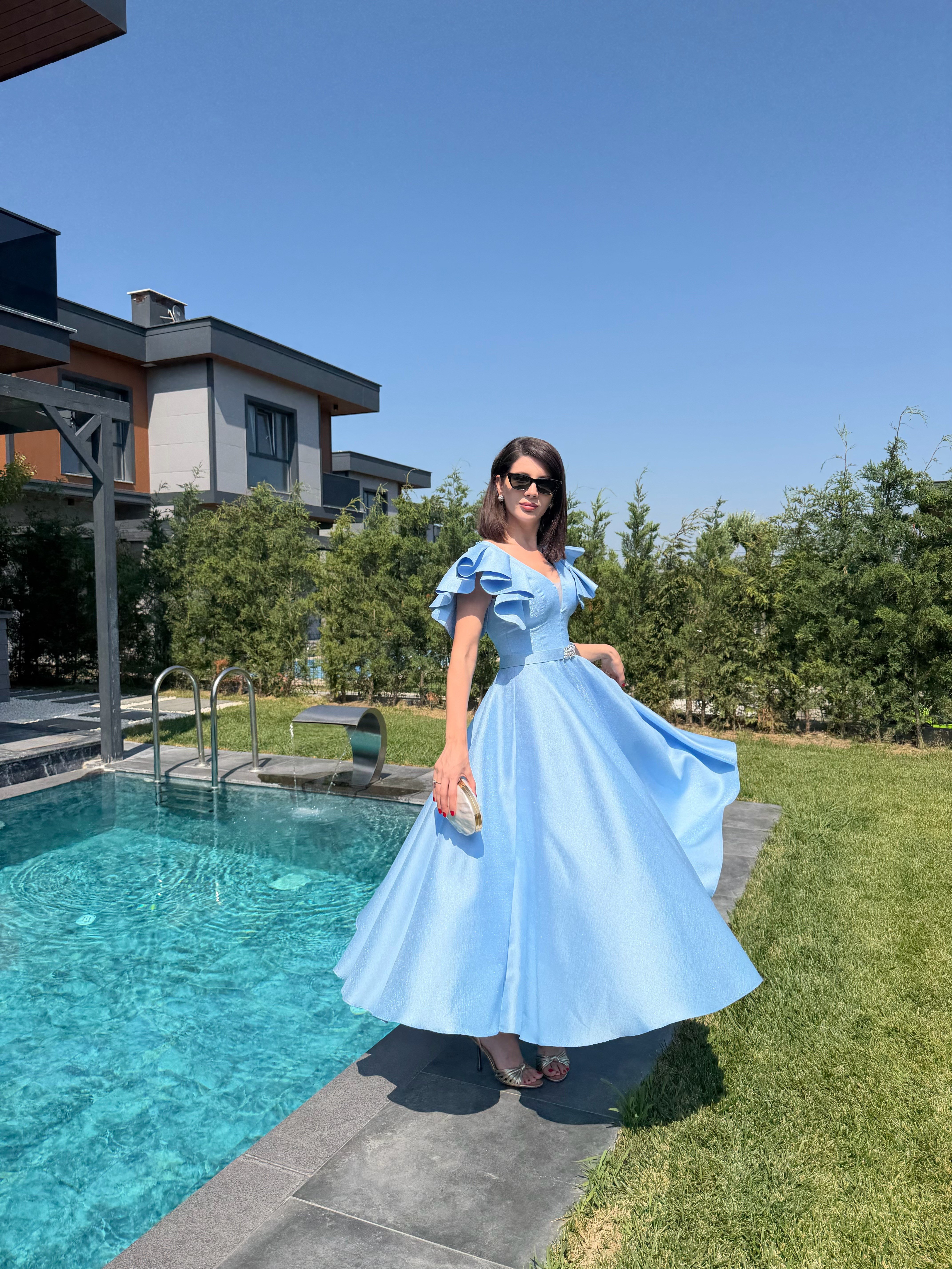 Sindy Baby Blue Taşlı Kemerli Maxi Elbise