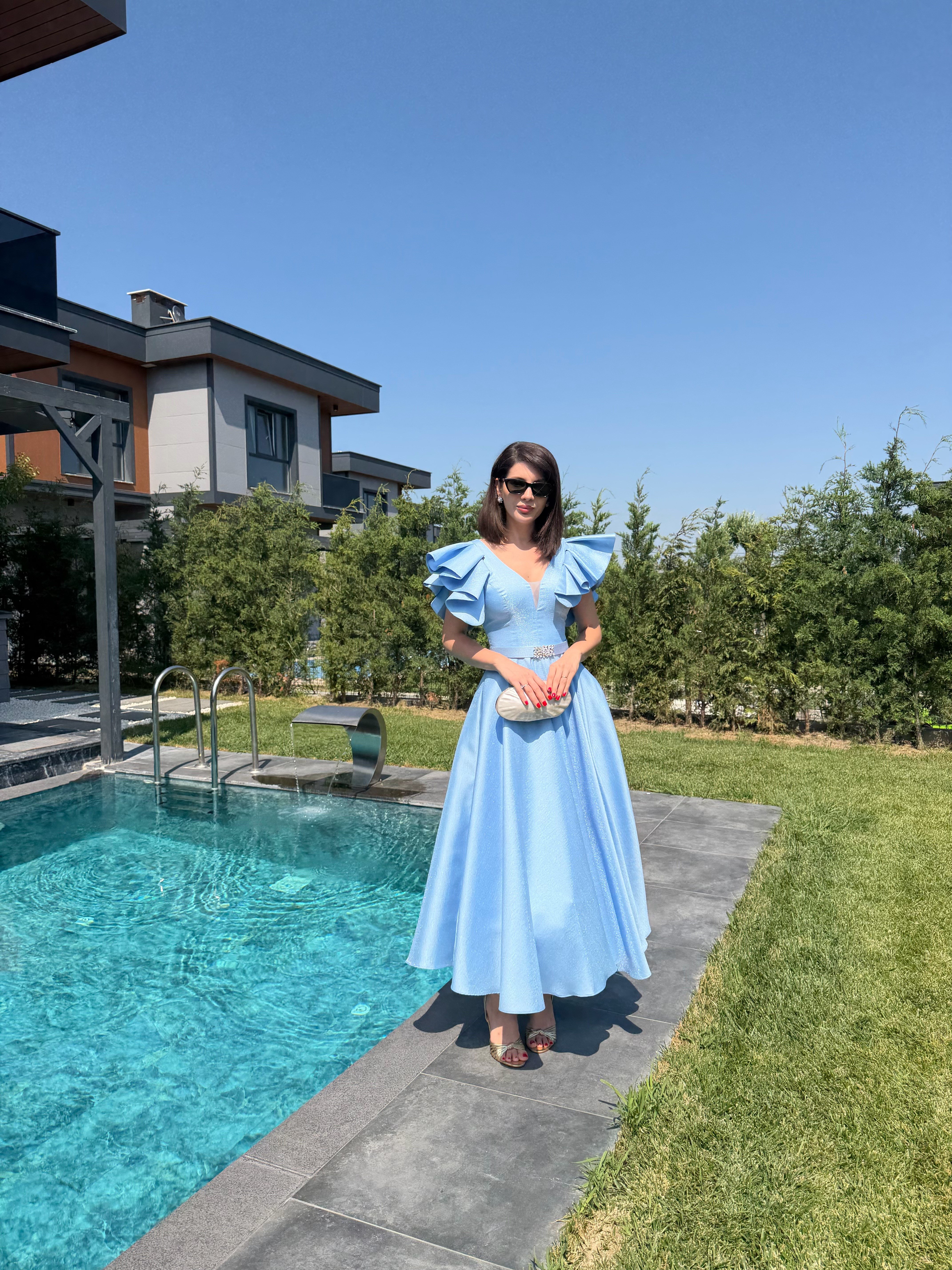 Sindy Baby Blue Taşlı Kemerli Maxi Elbise
